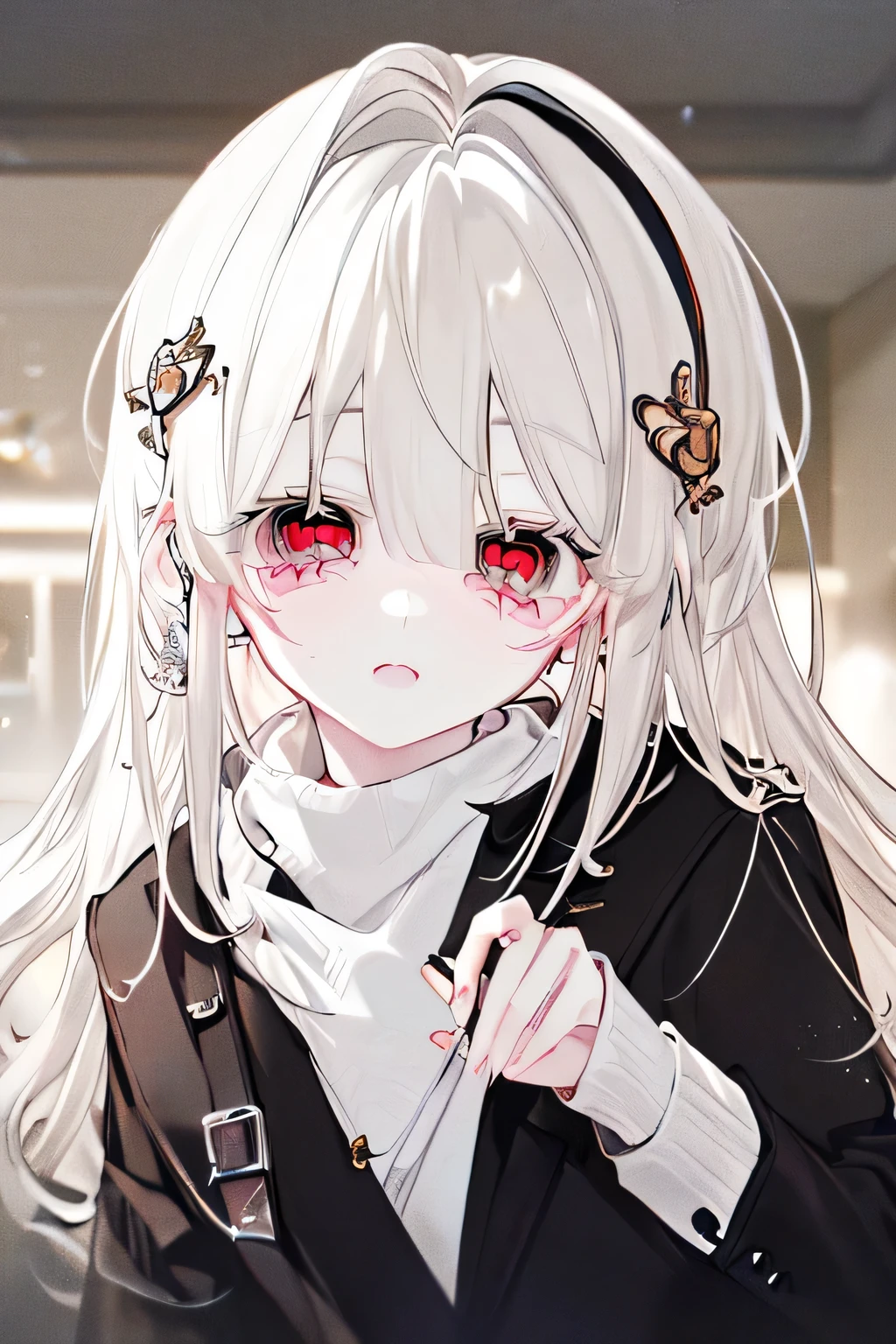 Anime girl with long white hair and red eyes wearing a black jacket ...