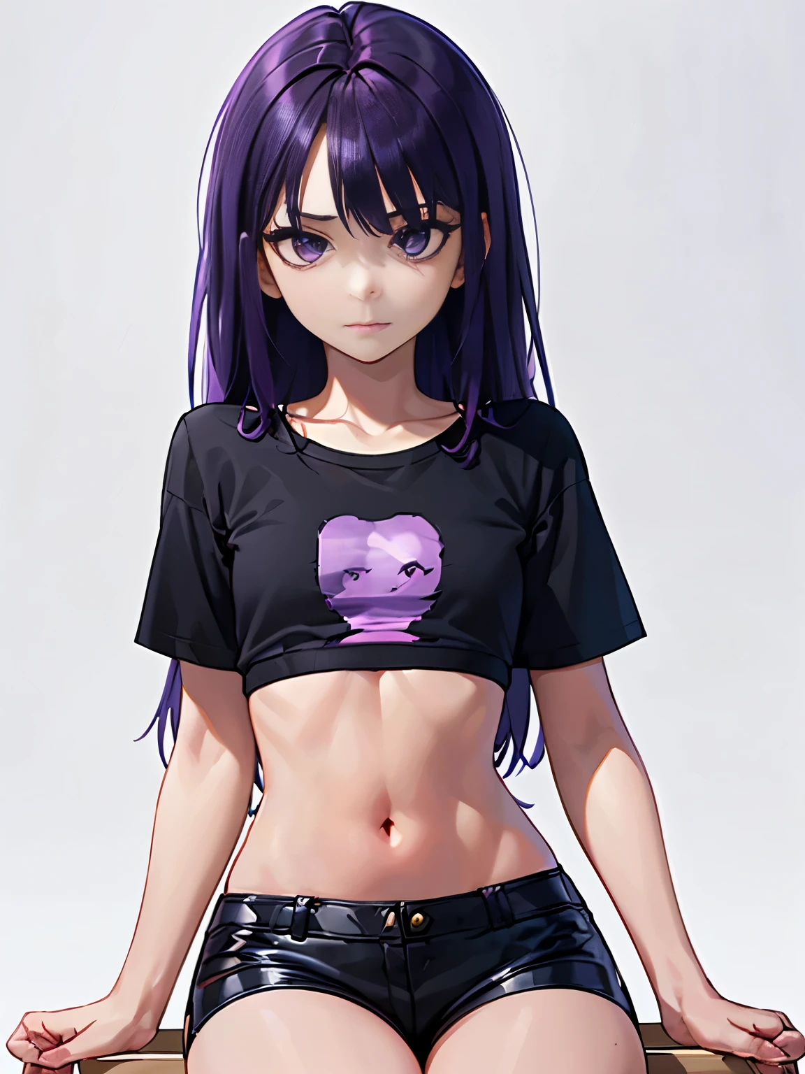 ((White background )) in style of Harry Clarke,in style of David Sims, 1girl, , long hair,(Black crop top t-shirt:1.5), (Black leather shorts) (8K, top-quality, masterpiece:1.2), (reallistic, Photorealsitic:1.37), Super Detail, One girl,) (Highly detailed), (beautifully small purple eyes), (of the highest quality), (masterpiece), 23yr old, 1 girl, ((Long hair with purple bangs)), Perfect Lighting,,((small breasts)) ,weak , unhealthy , (((very thin:1.4))) (Flat chest:1.4) gaunt ((Sitting in a lonely camping chair))