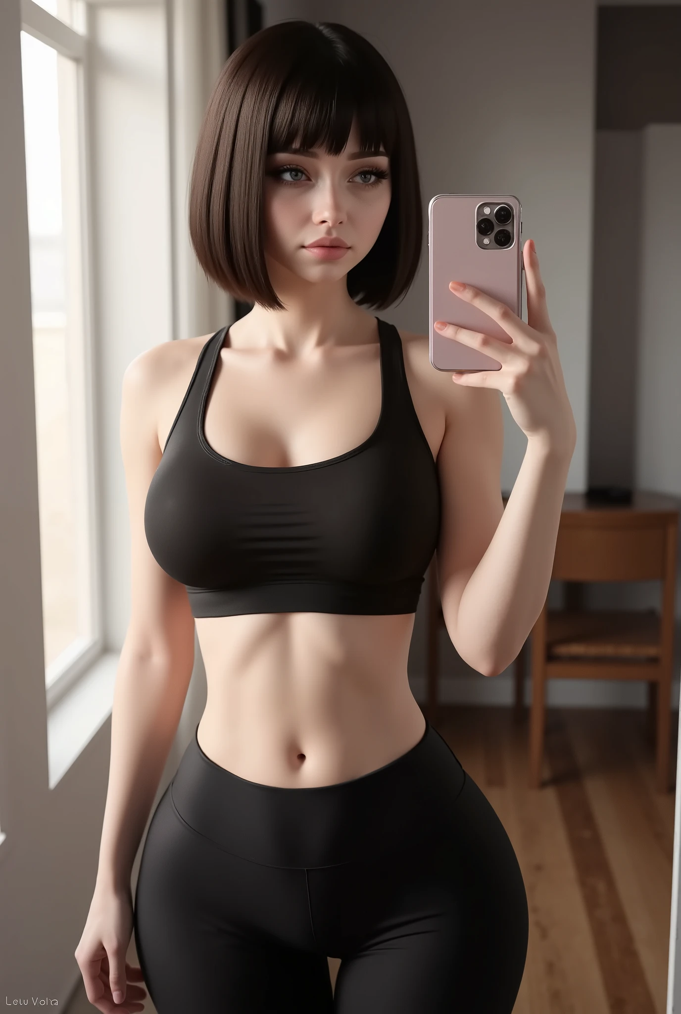 3D Render, 3D Model, of a beautiful skinny girl, front mirror selfie, short hair, with black pants, sports bra, window light with deep shadows, background, small waist, flux, toned abs