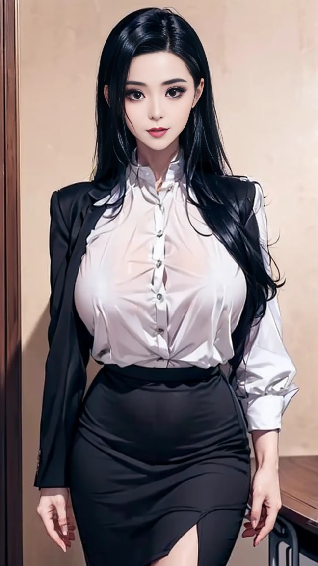 (1girl:1.5),(Best quality,4K,8K,A high resolution,tmasterpiece:1.2),ultra - detailed,(actual,photoactual,photo-actual:1.37),black suit jacket,sliver long hair,girl with Redlip,girl in suit jacket,girl in elegant clothing,Redlip,Perfect application for lipstick,(beautidful eyes:1.4),(white shirt:1.5),silber hair,a purple eye,light smile,Happy expression,highlydetailed skin,Stunning face,Long eyelashes,black eyeliner,a work of art,(Black belt:1.2),white shirt,Dangle earrings,(regular suit:1.2),Full body lesbian