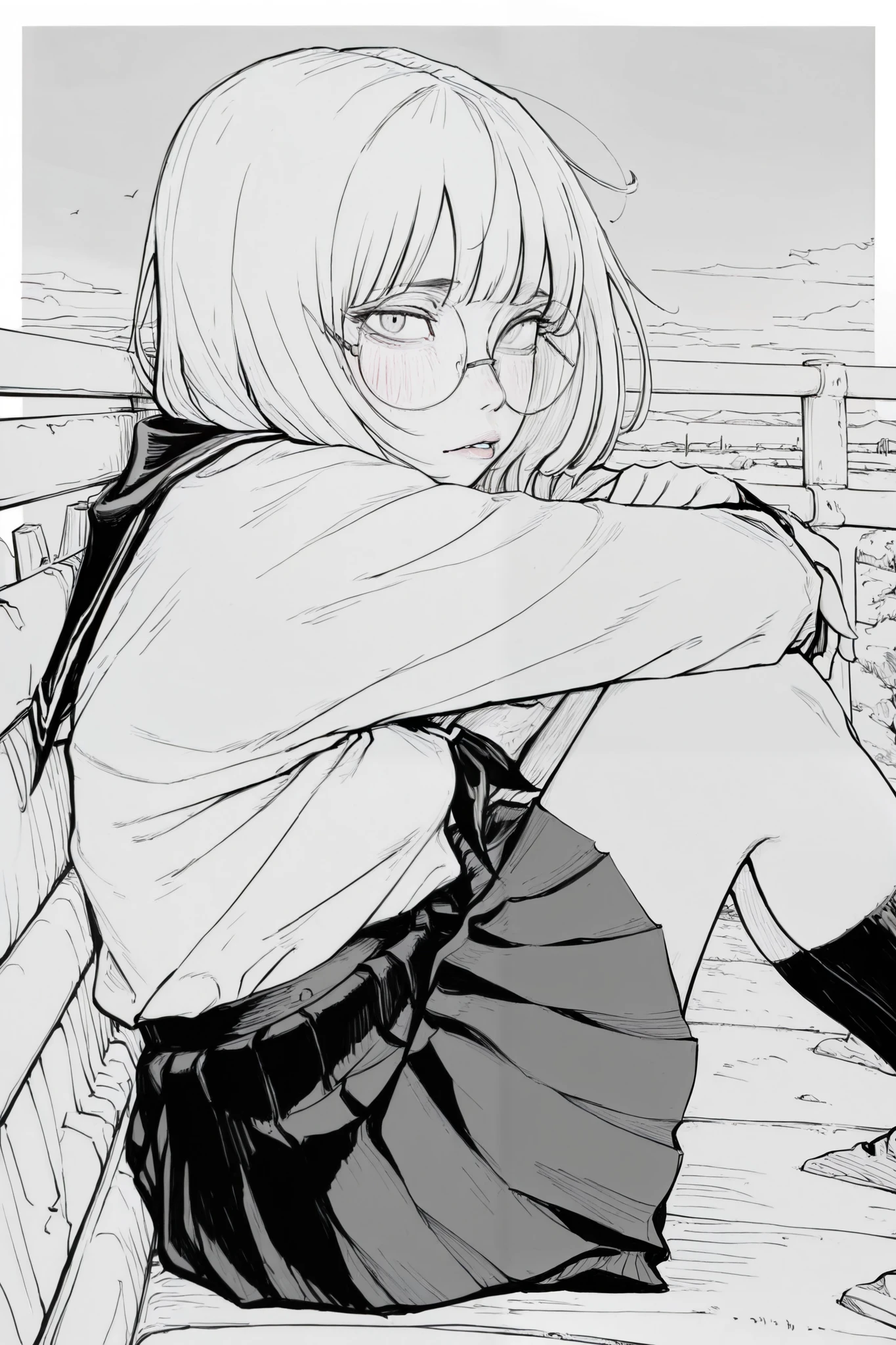 score_9, score_8_up, score_7_up, score_6_up, score_5_up, score_4_up,
BREAK
(masterpiece: 1.0), best quality, perfect anatomy, perfect composition, perfection, UHD, 8k,
BREAK
monochrome, greyscale, masterpiece, best quality, amazing quality, very aesthetic, high resolution, high detail, Smooth, sharp lines, kdmstyle
BREAK
{best quality},{highly detailed},{ultra-detailed},masterpiece,1girl, solo, masterpiece, best quality, amazing quality, absurdres, newest, 1girl, solo, medium hair, bangs, round eyewear, blush,
school uniform, serafuku, white shirt, black skirt, black socks,
sky, against railing, sitting, on floor, parted lips, looking at viewer,
from side, outside border,
masterpiece, best quality, amazing quality, absurdres, newest, monochrome, greyscale, realistic,