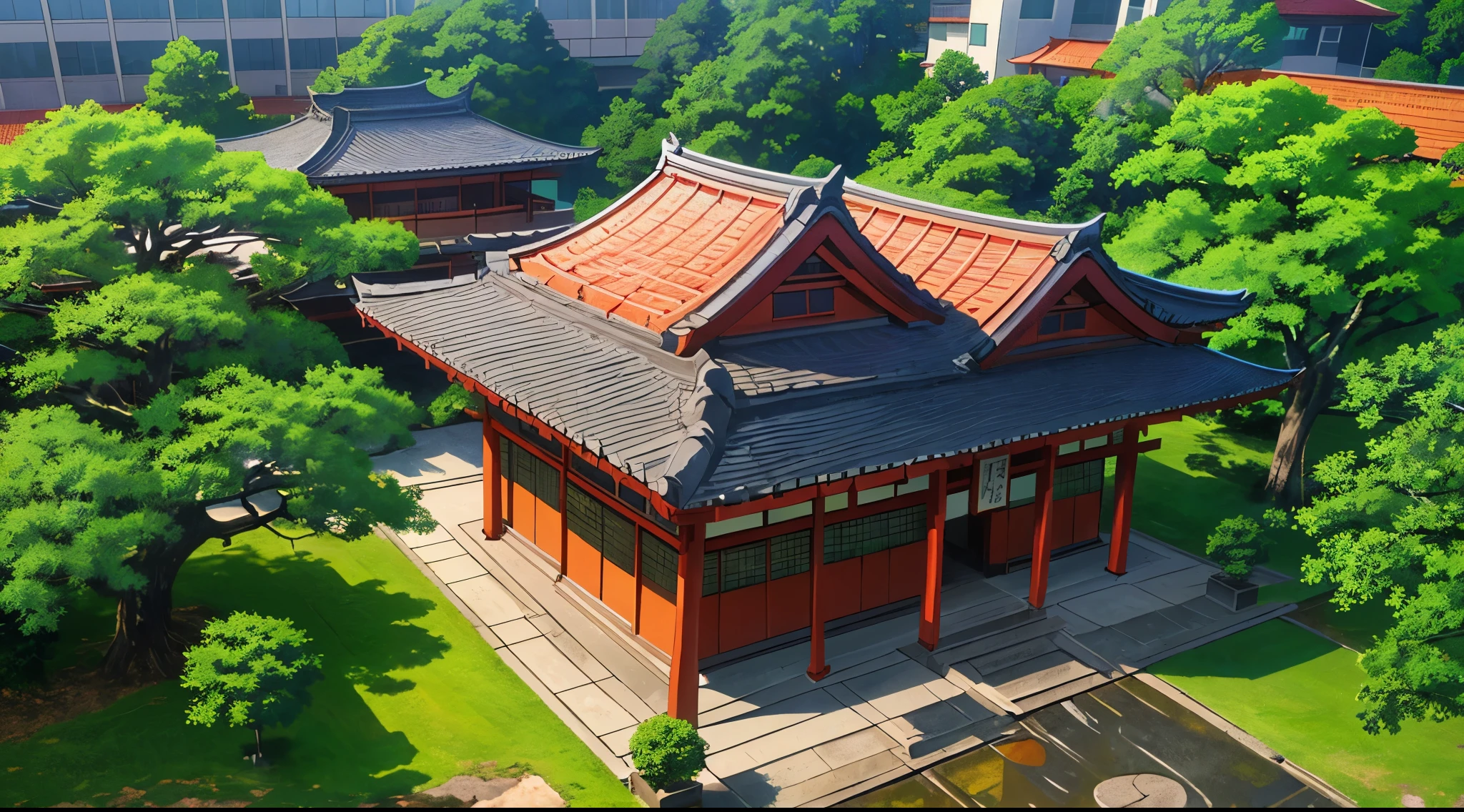 (Rainy sky) (Raindrops falling) (Daytime)
(80’s Anime) (classic) (Vintage) (retro)
1980’s Tokyo Jujutsu High is a broad campus of several buildings build in a traditional Japanese architectural style, operating under the guise of a Buddhist temple.
The school building is well hidden on Tokyo's outskirts, far and high in the mountains. Naturally, there is a garden where there are a lot of Higanbana other wise known as (Red Spider Lily Flowers) around the property to further obscure the location.
Some elements other than the buildings that reflect Buddhist theme. There are several statues of deities, shrines, and torii gates around the campus.
(View from above the campus)