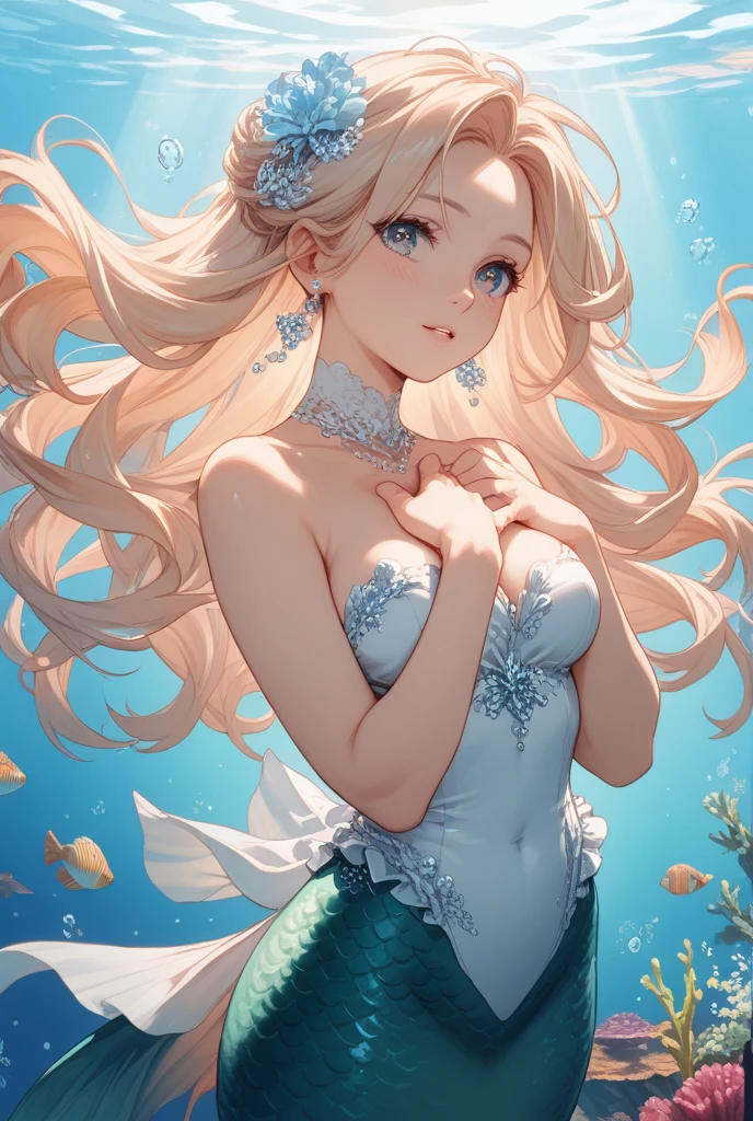 mermaid, with blonde long wavy hair, sitting on the beach with diamonds falling from the sky