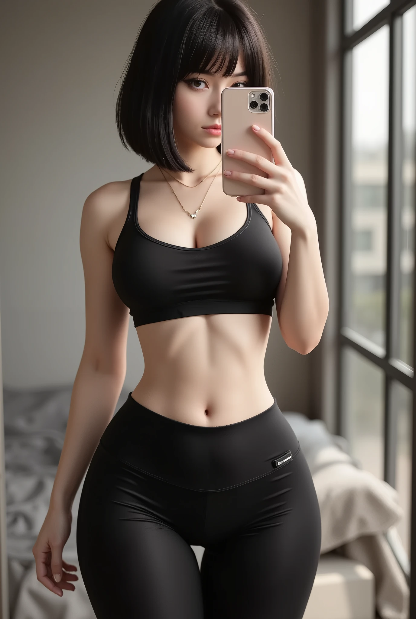 3D Render, 3D Model, of a beautiful skinny girl, front mirror selfie, short hair, with black pants, sports bra, window light with deep shadows, background, small waist, flux, toned abs