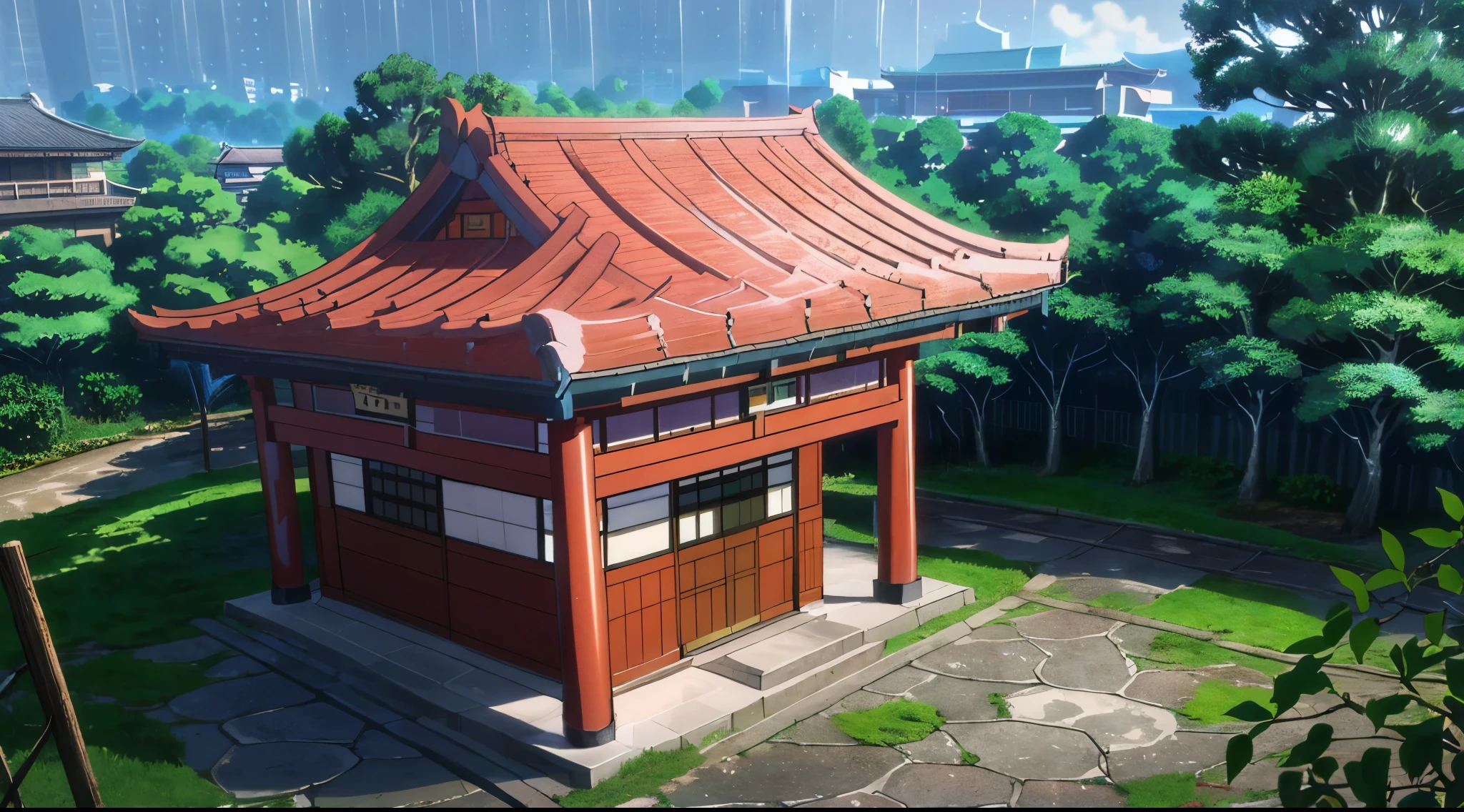 (Rainy sky) (Raindrops falling) (Daytime)
(80’s Anime) (classic) (Vintage) (retro)
1980’s Tokyo Jujutsu High is a broad campus of several buildings build in a traditional Japanese architectural style, operating under the guise of a Buddhist temple.
The school building is well hidden on Tokyo's outskirts, far and high in the mountains. Naturally, there is a garden where there are a lot of Higanbana other wise known as (Red Spider Lily Flowers) around the property to further obscure the location.
Some elements other than the buildings that reflect Buddhist theme. There are several statues of deities, shrines, and torii gates around the campus.
(View from above the campus)