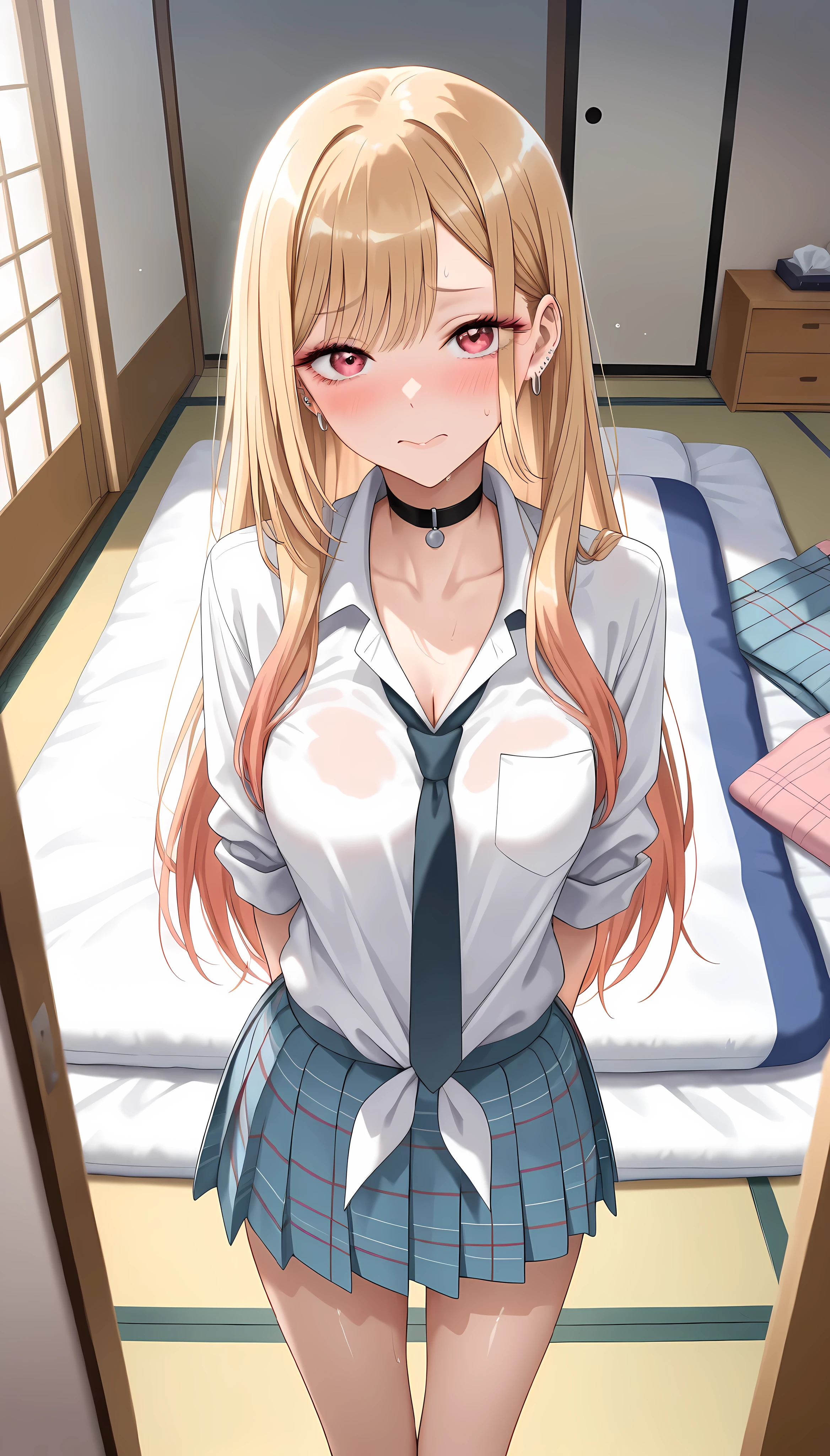 1girl , ((masterpiece)) , ((ultra-laid down)) , wallpaper ,((realistic)),((illustration)) , taller , long hair , loose hair , medium breasts , short blue skirt , white shirt , solo , school uniform , looking at the viewer , smile , red eyes , blue tie , 8k , extremely detailed face, extremely detailed CG, (perfect hands, perfect anatomy) , (detailed eyes, expressive eyes, bright eyes, (red eyes: 1.2), blonde hair, hand with five fingers delicate, beautiful face, smooth skin, loose hair, wallpaper, gradient hair, standing, shoulder bag, flushed face, standing, (perfect body), ((perfect hands, detailed hands)) , (extremely delicate and beautiful), street scenery, cute lingerie、(Fully exposed panties:1.5), fully body