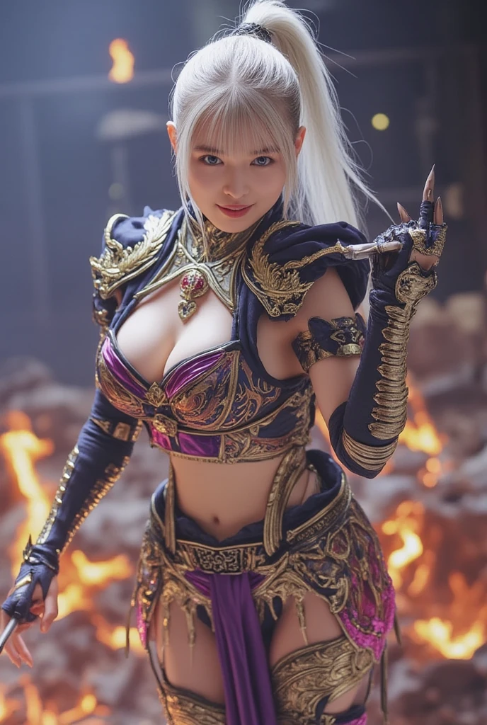 A Hyperrealistic, Silver Wolf female warrior, Weapons, Japanese Fantasy World, perfect face, Perfect Body, Detailed and Intrincated, HD