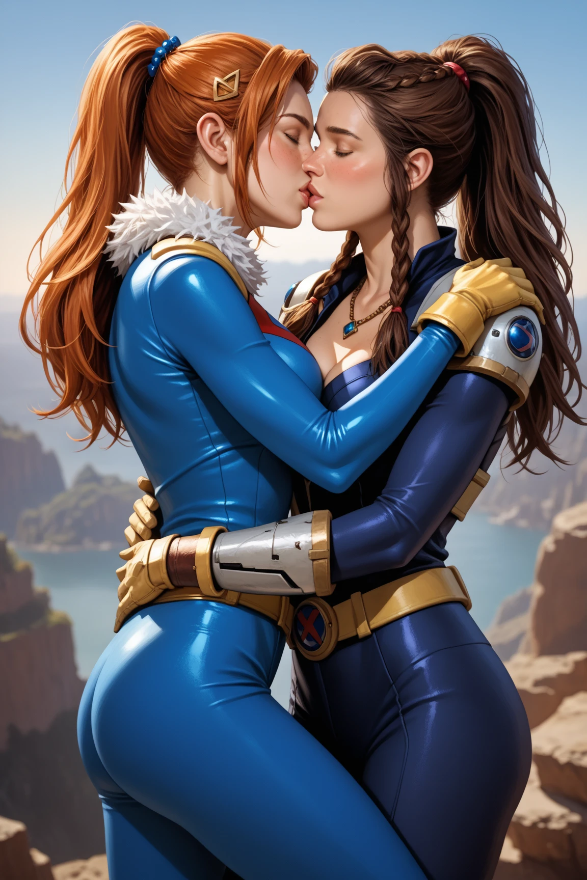 2 women, kissing, nora, brown hair, brown eyes, blue bodysuit, gold trim,looking aroused, blush, kissing woman, sitting, breast grab, on large bed, romantic ambiance, high quality, masterpiece, <lora:nora:.7>