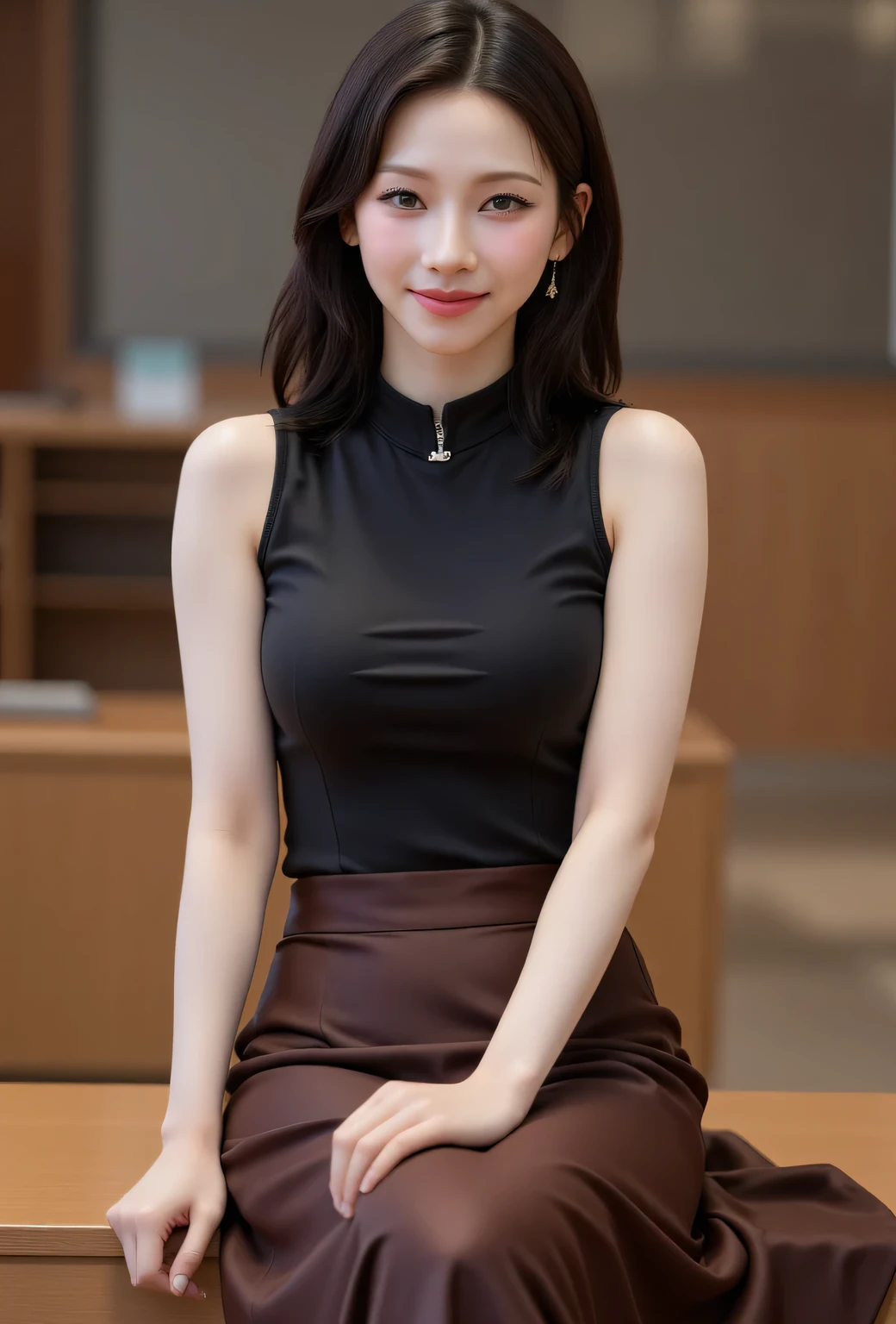 a female teacher , sitting on a table , Facing front, visible from head to toe , use black satin material tight sleeveless formal shirt, Use a satin skirt of a long fishtail model to the toe of a dark brown color, seductive smile