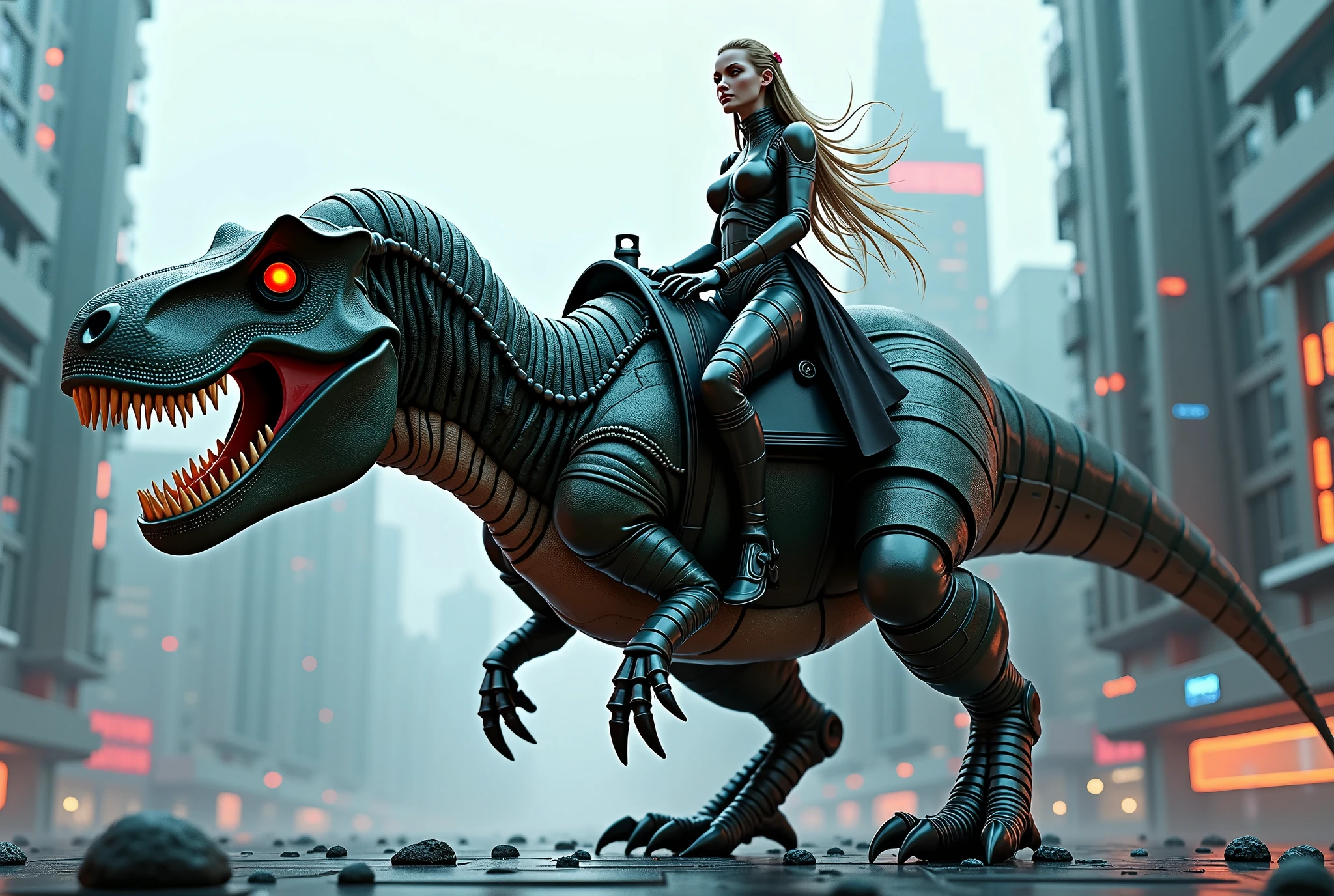 Extremely beautiful gothic girl riding a Swedish dinosaur going to conquer the United States which is defended by the racist Spiderman