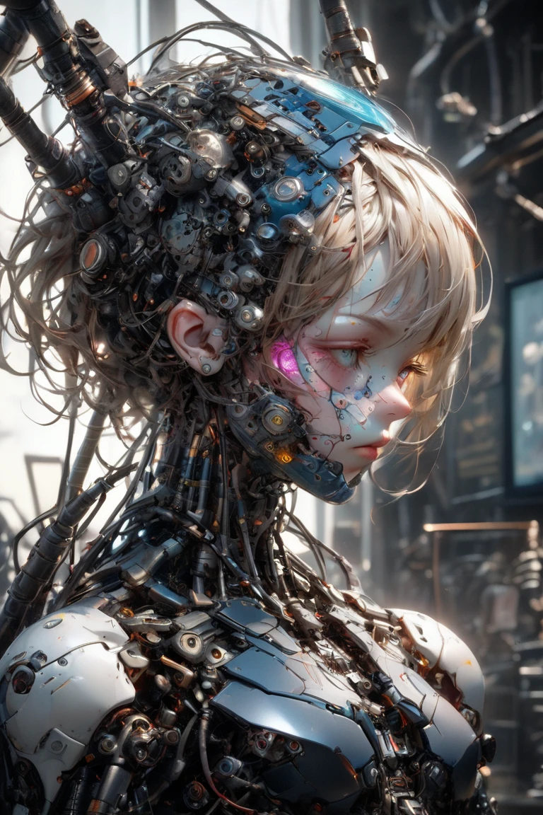 (((masterpiece))), (((best quality))), ((ultra-detailed)), (highly detailed CG illustration), ((an extremely delicate and beautiful)),(cute delicate face),cinematic light,((1mechanical girl)),solo,full body,(machine made joints:1.4),((machanical limbs)),(blood vessels connected to tubes),((mechanical vertebra attaching to back)),((mechanical cervial attaching to neck)),((sitting)),expressionless,(wires and cables attaching to head and body:1.5),(character focus),science fiction