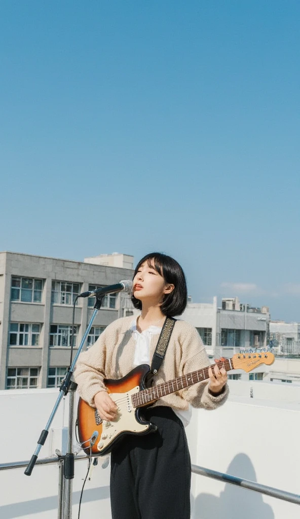 nude,big breasts,((highest quality, 8K, masterpiece: 1.3)), sharp focus: 1.2, cute woman: 1.4, (((layered haircut)), (), (Sunny, street: 1.2), Highly detailed face and skin texture, Detailed eye, double eyelid, white skin, long hair, brown hair, cute young japanese woman, 28 years old, neon, beautiful pop singer with guitar, jeans, Sing into the microphone at a dynamic angle, eyeにも楽しいし、This is a thought-provoking composition., Emphasize the subject's hair, eye, words and actions, The calm tones and the contrast between light and shadow create a melancholy feeling..