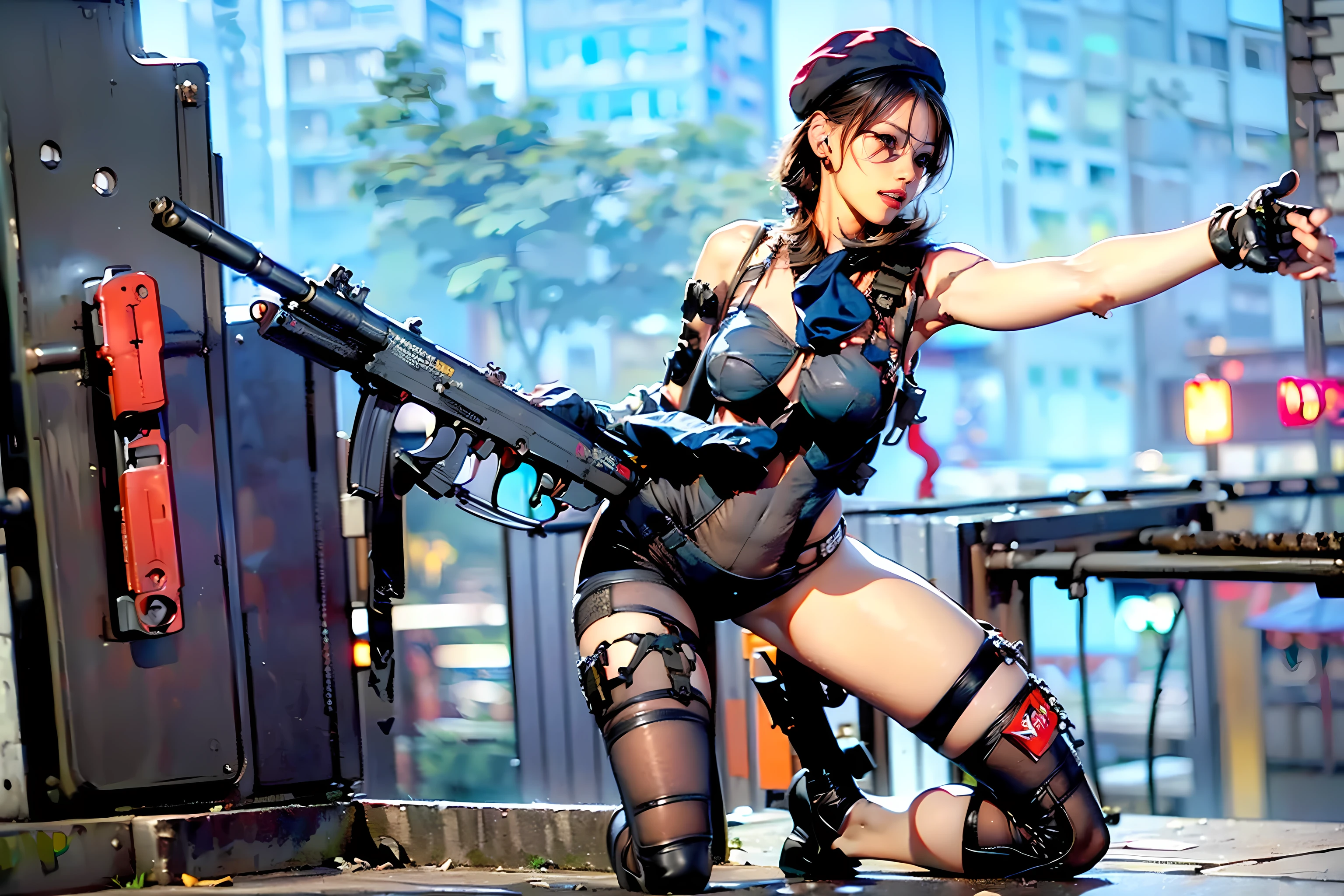 (one sexy woman),( muscularity:1.7), ( thighs:2), (Cammy, black hair with bangs:1.5), Beautiful Marked , detailed eyes , detailed skin, red lips, eyeshadow, ( big breasts:1.6), Hard nipples, (overhanging large areolas ),(Underboob:1.7),(sleeveless SWAT military style black leotard, gloves, black Beret:1.5), (ear monitor:1.5),(((Tactical Holster:1.5))),(Holding an futuristic LASER riffle),(wearing a black military jacket),(Upper body view), ( looking ), (¾ view ), Backstreets, rim lighting , two tone lighting, dimly illuminated ,(( expand your legs)),(( place your knees on the ground)),((Holding an The MP5 Submachine Gun:2.0)),Aiming a sniper rifle on a rooftop at night