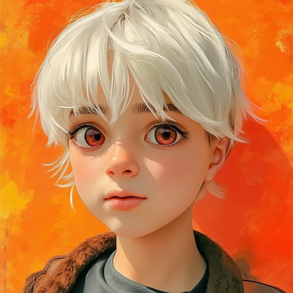 (masterpiece:1.2, best quality), (finely detailed beautiful eyes: 1.2), ((1boy)), (red eyes:1.4), (finely detailed eyes and detailed face:1.3), ((boy with short white hair)), (beautiful and clear background:1.2), (extremely detailed CG, ultra-detailed, best shadow:1.1), ((depth of field)), ((watercolor)), beautiful concept illustration, (orange background:0.5), (illustration:1.1), (extremely fine and beautiful:1.1), (perfect details:1.1), from front, cowboy shot, scenery