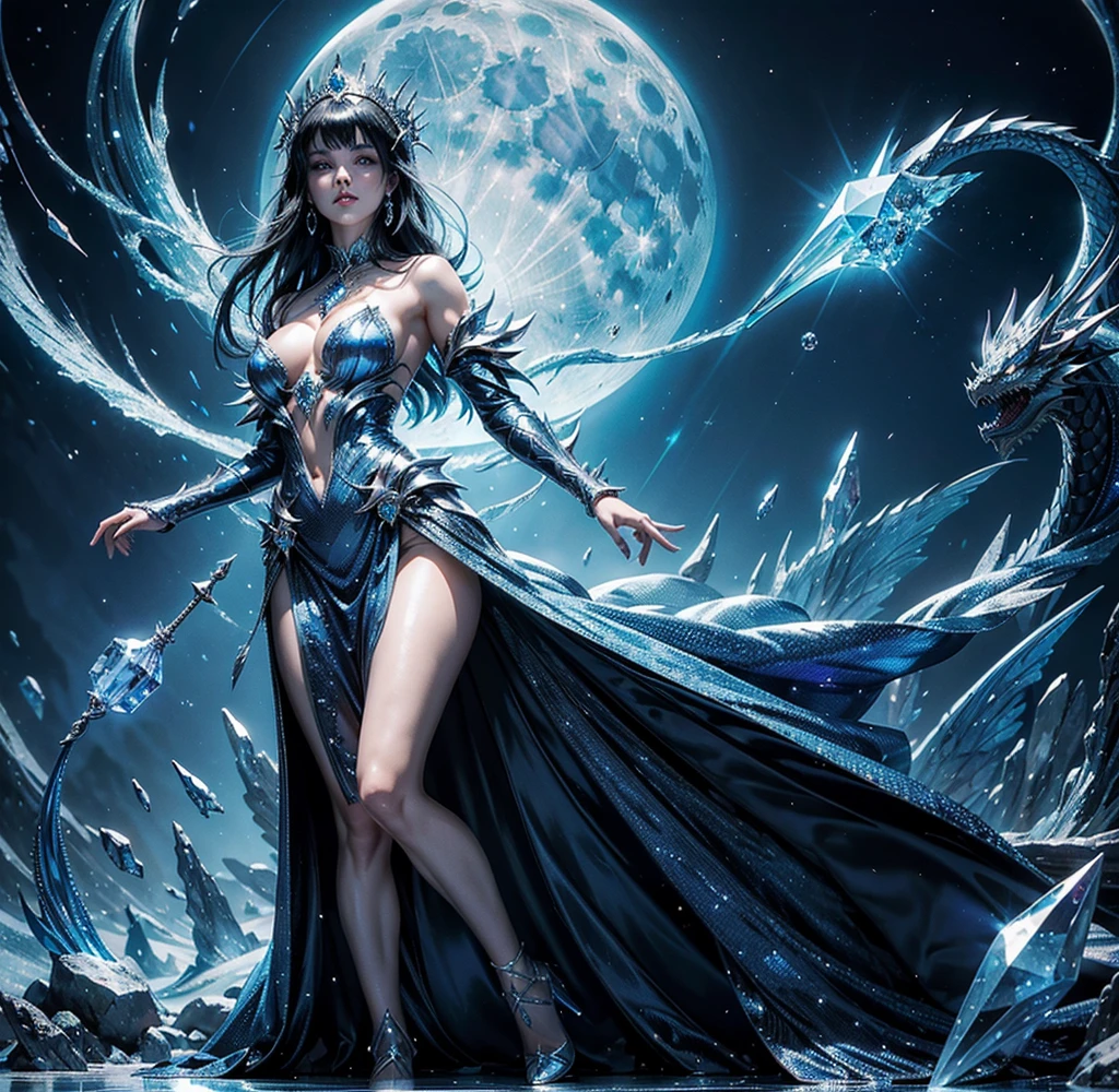 (masterpiece, top quality, best quality, official art, beautiful and aesthetic:1.2), (extreme detailed),(Background(fractal art:1.3)), colorful, highest detailed darker blue color palette masterpiece, ((best quality:1.2)), [:intricate details:0.2], 1girl, large breasts, angel, (nighttime sky), shimmering aura, intense focus, crackling energy, mysterious symbols, sparkling motes, (((full moon)))