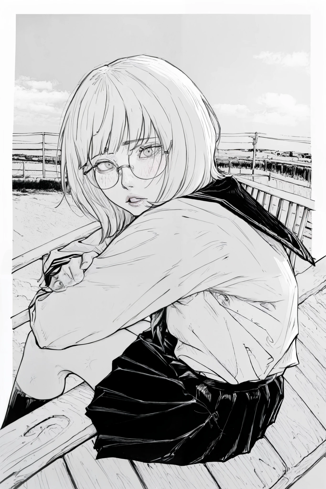 score_9, score_8_up, score_7_up, score_6_up, score_5_up, score_4_up,  
BREAK
(masterpiece: 1.0), best quality, perfect anatomy, perfect composition, perfection, UHD, 8k, 
BREAK
monochrome, greyscale, masterpiece, best quality, amazing quality, very aesthetic, high resolution, high detail, Smooth, sharp lines, kdmstyle
BREAK
{best quality},{highly detailed},{ultra-detailed},masterpiece,1girl, solo, masterpiece, best quality, amazing quality, absurdres, newest, 1girl, solo, medium hair, bangs, round eyewear, blush, 
school uniform, serafuku, white shirt, black skirt, black socks, 
sky, against railing, sitting, on floor, parted lips, looking at viewer,
from side, outside border,
masterpiece, best quality, amazing quality, absurdres, newest, monochrome, greyscale, realistic, 
