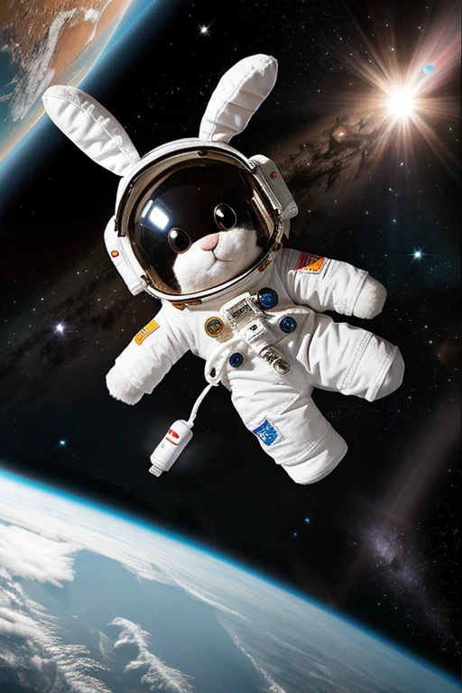 White astronaut rabbit floating in space 