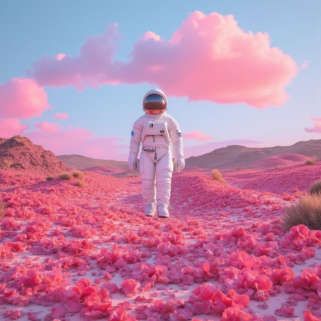 he astronaut walks in the sea of flowers dotted with pink clouds，The astronaut who is alone，The astronaut cannot leave this planet，The astronaut is lost in the boundless space.