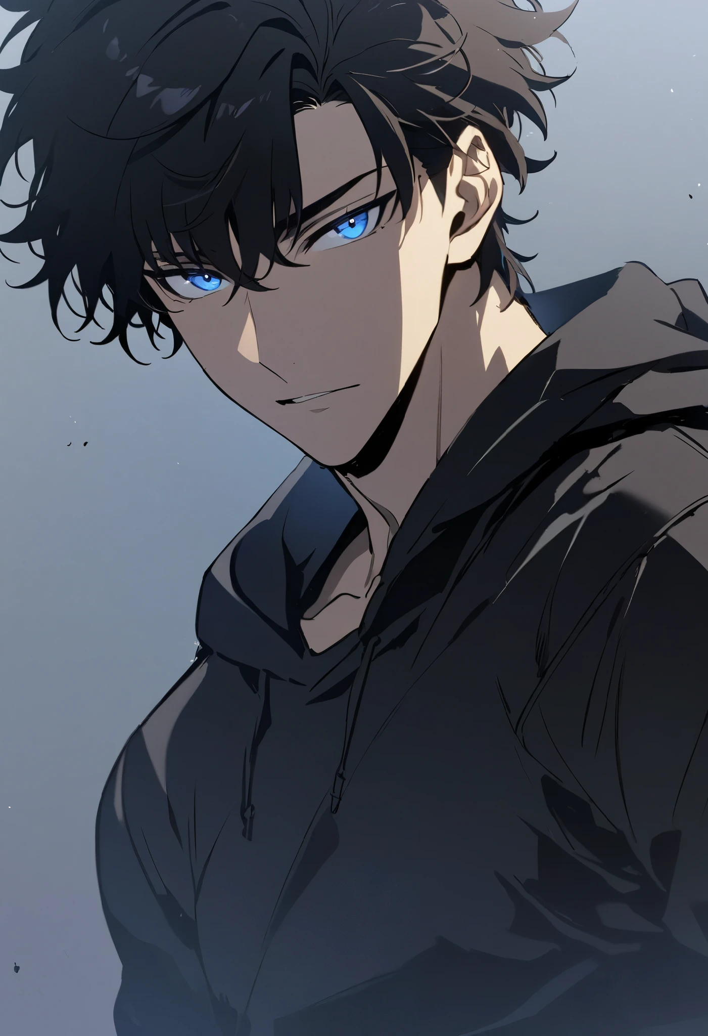 1boy, male focus, eyes focus, handsome male, tall male, muscular male, black tshirt, solo, upper body, looking at viewer, black hair, wavy hair, short hair, blue eyes, bangs, simple background, best quality, amazing quality, best aesthetic, absurdres