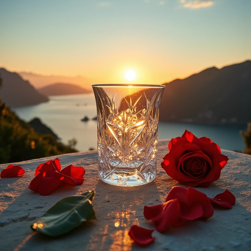 The sun in a crystal glass by the sea, against the background of the mountains, a glass of regular classical shape, opened from above, below, next to the glass, is a red rose, high-quality realistic photography