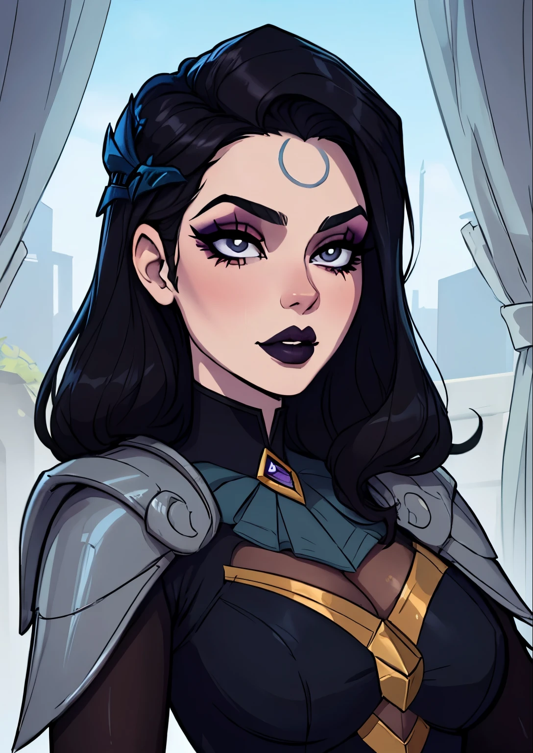 masterpiece, best quality, 1female, beautiful, face portrait, deep makeup, 1girl, face focus, dark hair, lipstick, goth, diana \(league of legends\), makeup, pale skin, straight hair, gray eyes