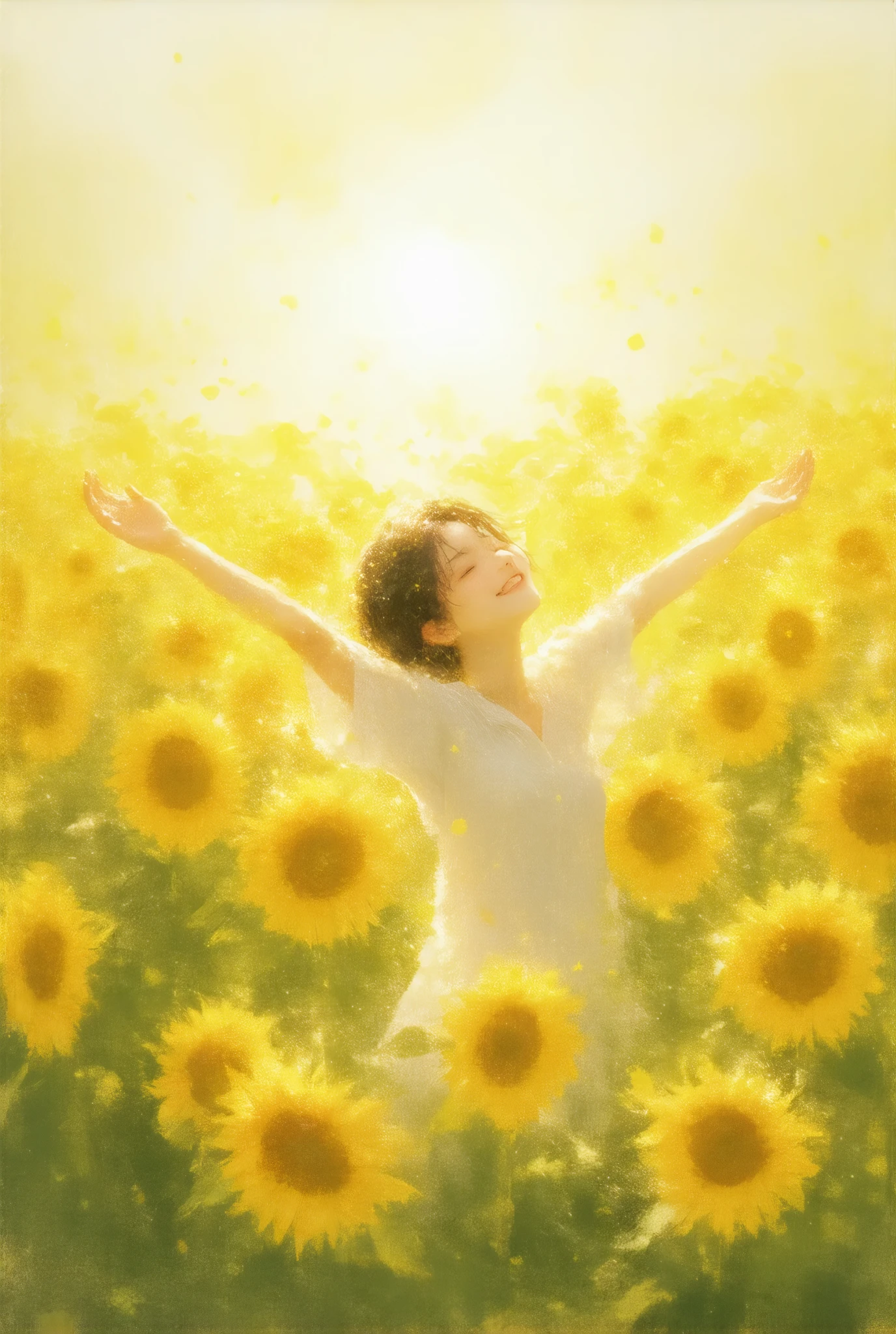 Crayon drawing style ,Medium shot, Picture of a spreading her arms and squinting happily in a field of sunflowers, Clear Weather, warm sunshine