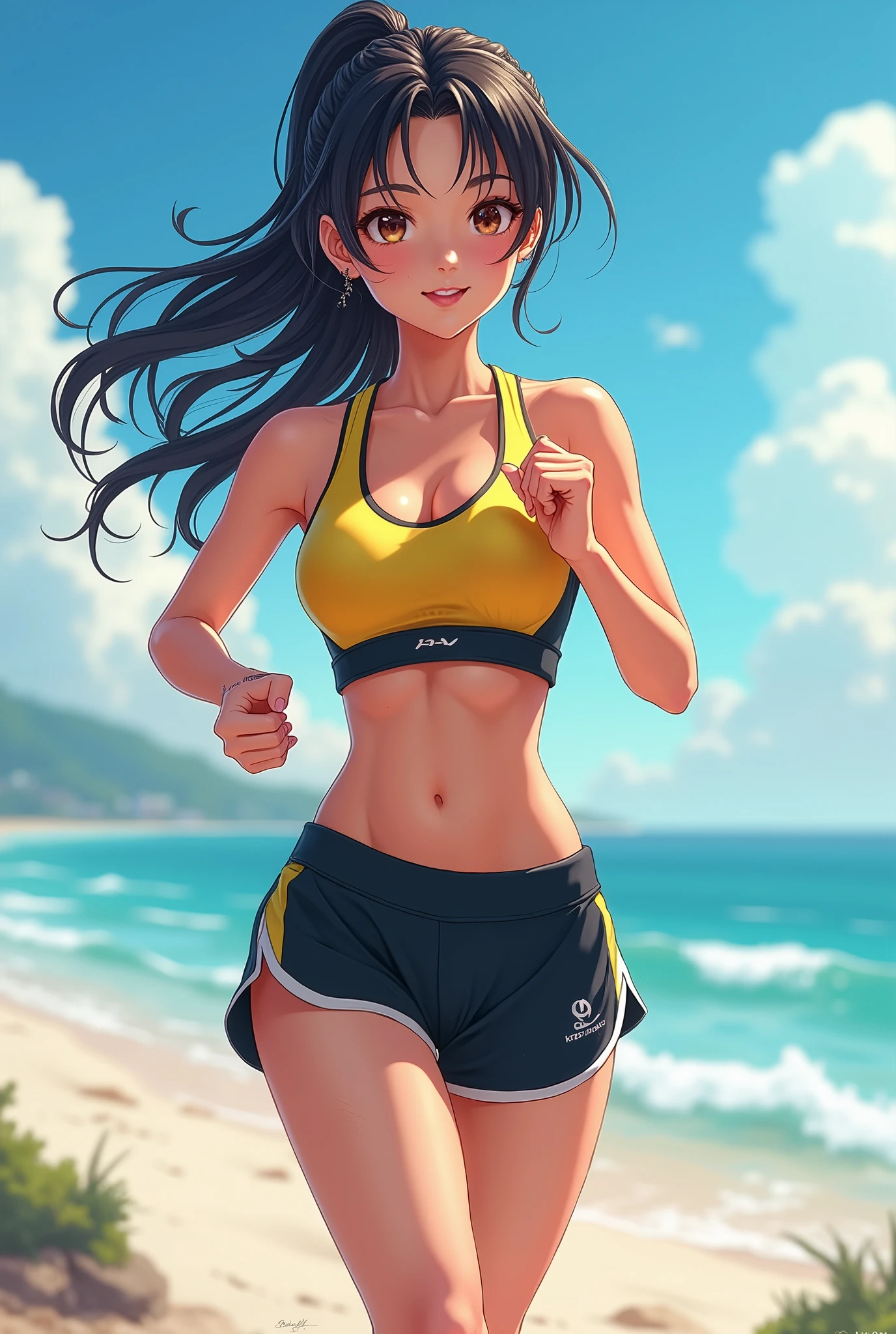 Anime art concept (Running by the sea 1.5), 1 Beautiful girl, , High detail face, long hair in a ponytail ,,, fringe, mischievous smile, small breasts , fine winding, small breasts , fine winding, small hips , small thighs, The abdomen has sensual lines......, thighs, Sweat, wet body
((High neck tight sports bra, tight sportswear, (Yellow and black clothes))),(((below the chest))),(( Wet clothes )),
((Running posture)), center,scale to adjust dimensions,rule of the third, scenario:1.25,
anime, high resolution, sharp focus, (Ultra-detail, very detailed), 8k wallpaper),((tema de fundo synthwave)),(((vibrant colors))),(intricate background),(Art work),( best quality),