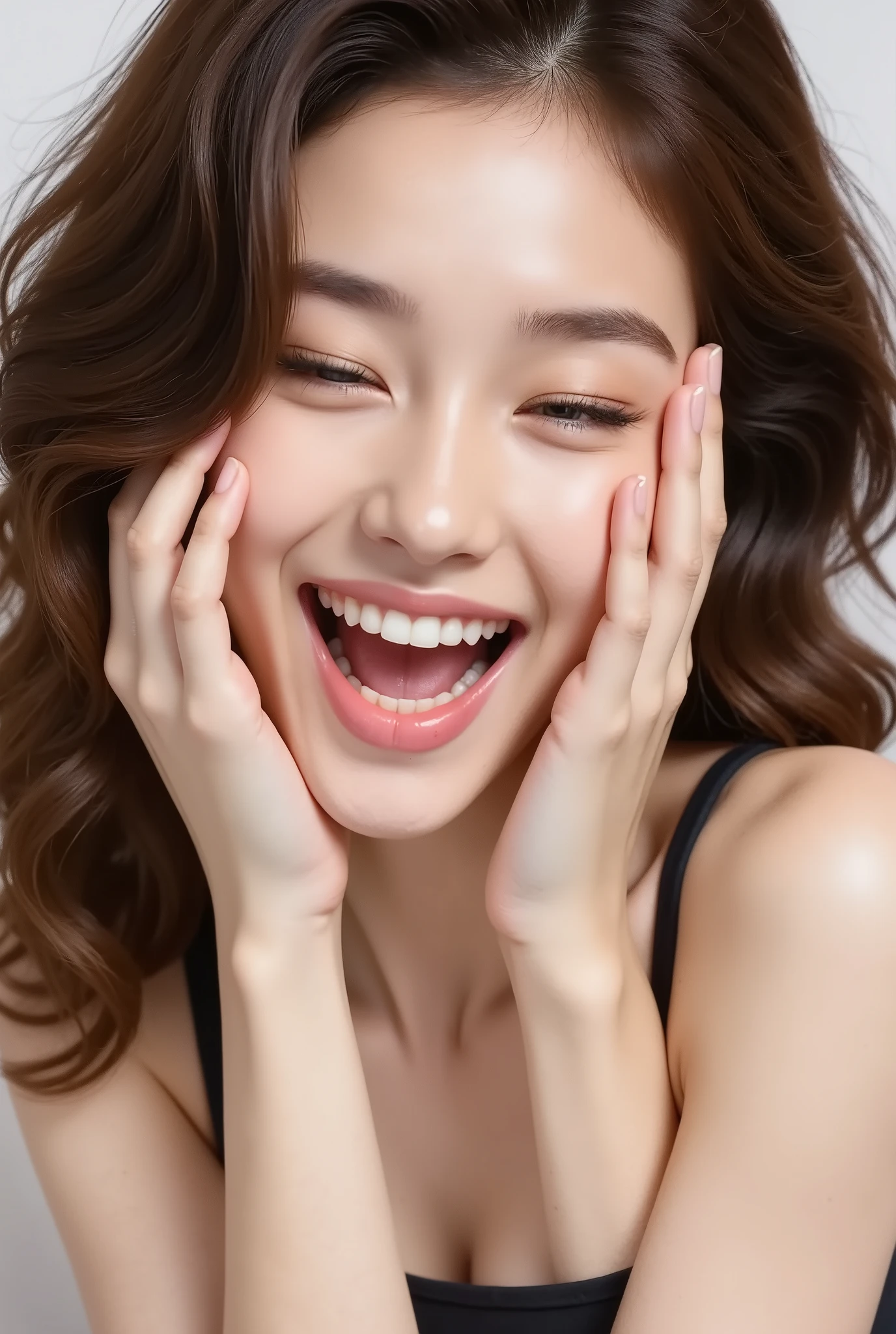 This is a photograph of a young woman with light skin, smiling broadly with her mouth open, showing her teeth. She has long, wavy hair that frames her face, and she is holding her cheeks with her fingers. Her eyes are partially closed, giving an expression of joy with teardrops. The background is plain and unadorned, focusing all attention on her expressive face. The image has a high contrast, emphasizing the textures and details of her skin and hair.