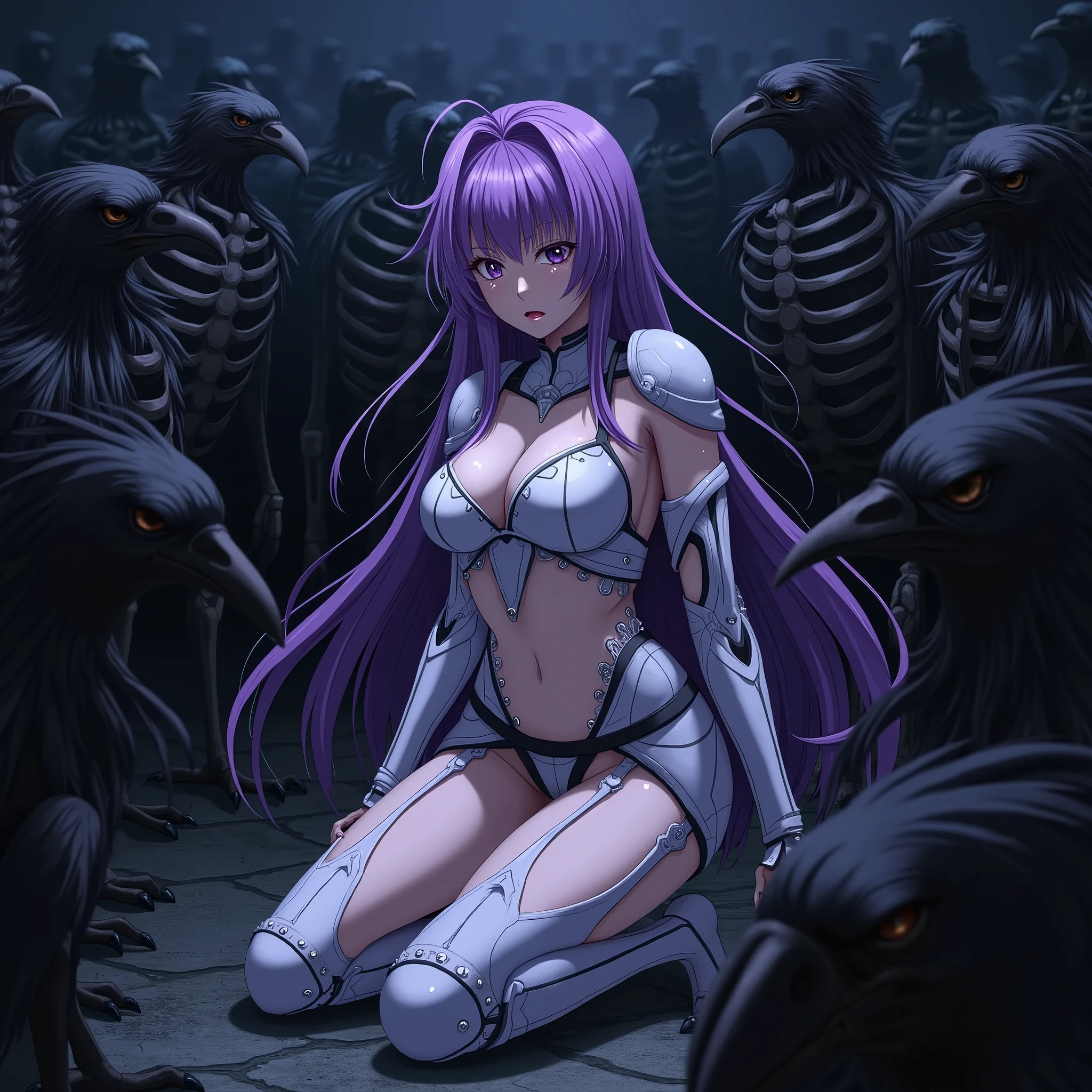 top quality、nsfw、bondage、humiliation、 Japanese Women in slightly realistic anime style 、Main female、torture、 erotic 、Black Bird Skeleton Monster ( thin limbs、Big beak、Sharp Claws)Captured by 、 Surrounded by Ferocious Terrible Monsters 、 Beautiful Woman with Very Long Bright Purple Hair ( messy hair、 look back、Kneeling)、 Fearful Face(Teary-eyed、 open your mouth slightly) 、white armor with skeleton decoration ( off shoulder、sleeveless、 deep v-neck、 belly button out、 high leg 、 T-back 、 Leg Armor )、Black Bird Skeleton Monster ( thin limbs、Big beak、Sharp Claws)surrounded by、多くのBlack Bird Skeleton Monster ( thin limbs、Big beak、Sharp Claws) Attacked 、Horde of monsters 1 :5、 Midnight、 Different Worlds 、 dungeon 、dark fantasy、Pitch Black Hell