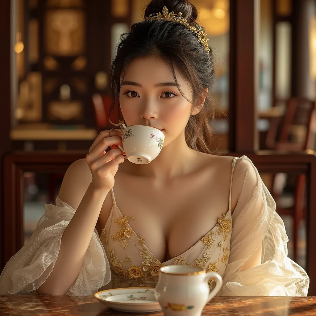 a close up of a woman sitting at a table with a cup of coffee, palace , a girl in hanfu, a young woman as genghis khan, beautiful oriental woman, chinese woman, chinese girl, chinese princess, an asian woman, a young asian woman, ancient chinese princess, asian woman, wearing ancient chinese clothes, traditional beauty, young asian girl