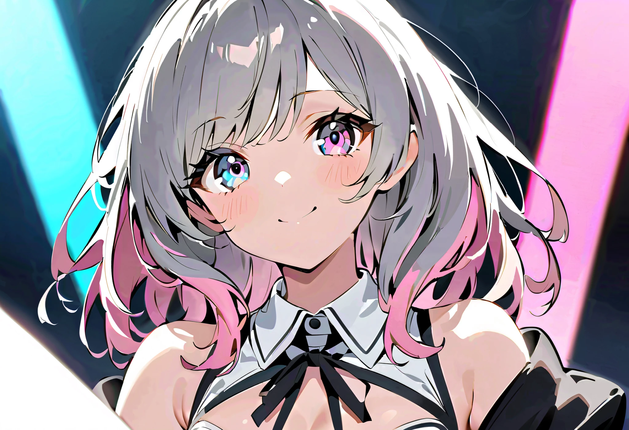 idol costume、 holding hands like a lion、 is a pose、Devilish Smile 、Devil Costume、 Dark Room、asymmetry bangs, A flashy idol-like costume ,swept bangs、{{{masterpiece}}}, {{{ top quality}}}, {{ more details }}, {beautiful detailed eye}, 1 girl ,Alone, (( gray hair)),(bangs), , girl ,Midea,eye、Long gray hair、 pink hair 、Alone、 medium hair 、白い medium hair 、 long hair、 bob hair、 } white collar {x} 肩くらいまで伸びる gray hair 、 pink hair with pink tips 、 medium hair ー、 hair inner color is pink 、 hair down shoulders 、 pretty girl 、Detailed eye、Anime、 Shirogane Noel、 hair down shoulders 、Alone、 1 girl 、E art style 、Alone、