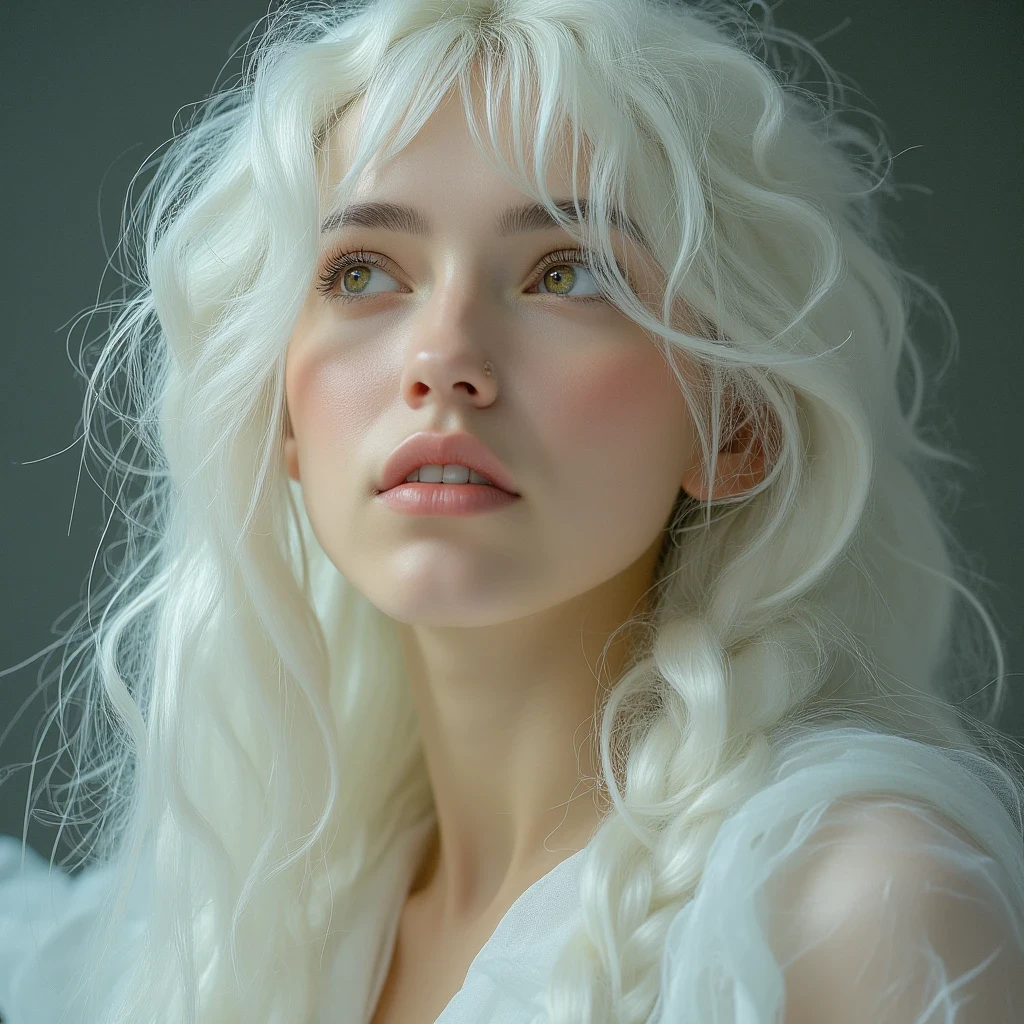 best quality, masterpiece,white hair, gold eyes,white clothes, looking up, upper body,hair strand,Fair skin,side braids
