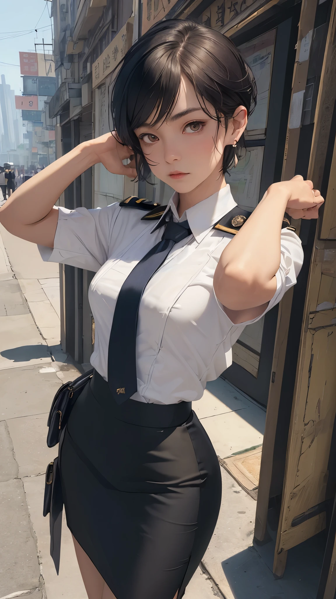 survival game、Black combat uniform、survival gameのフィールド、A beautiful girl is holding a pistol、head to waste、