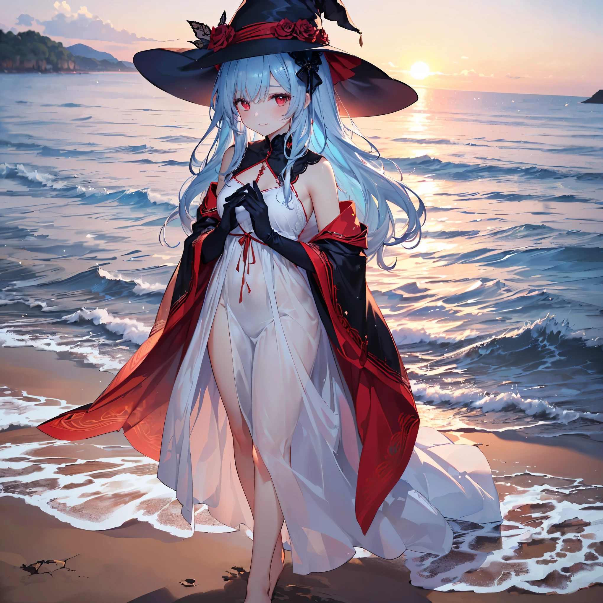 woman at the beach <lora:edgWhiteMage_MINI:1> edgWHM, white mage robe, white mage hat,