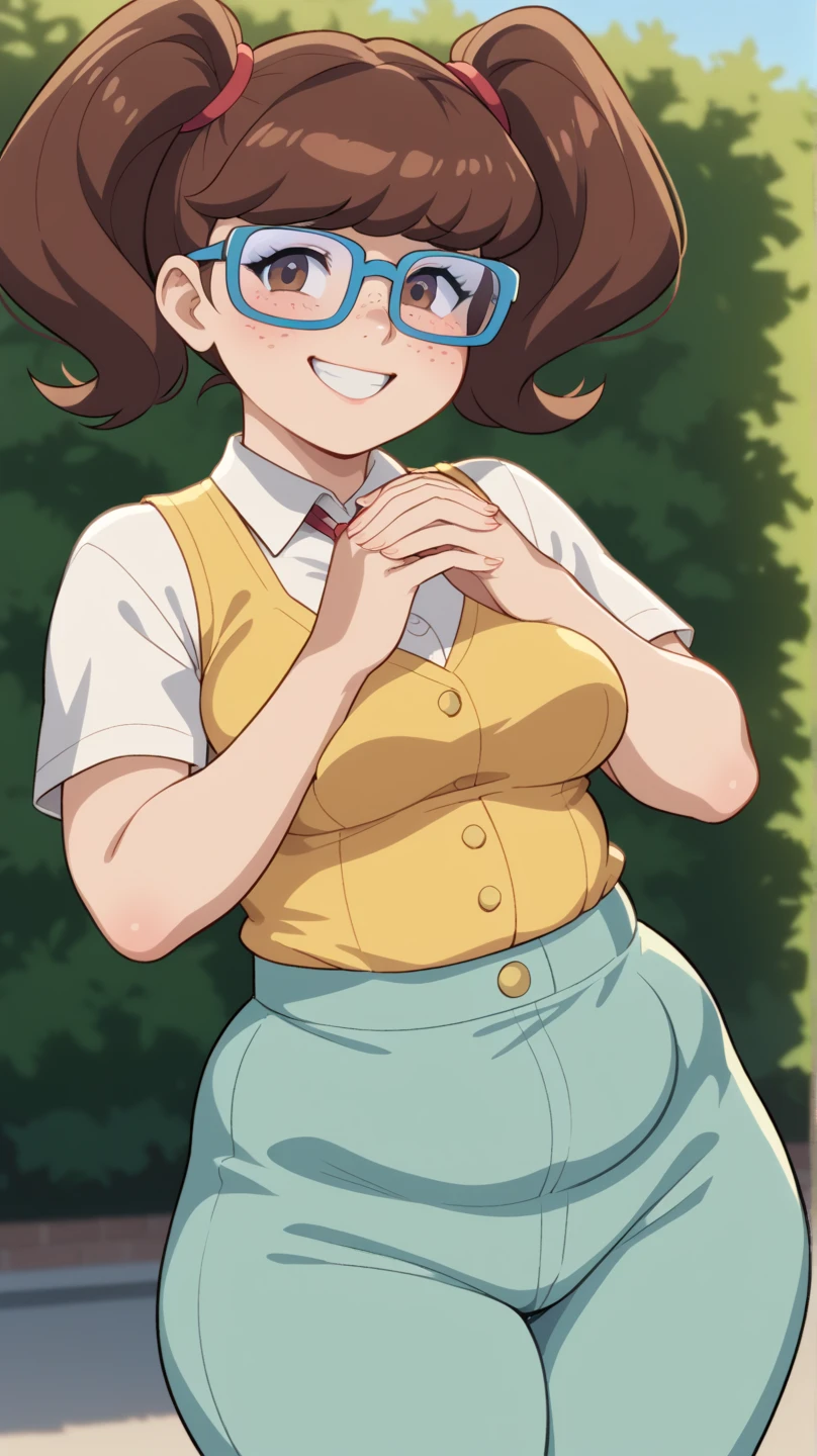 score_9, score_8_up, score_7_up, BREAK, madelyn, brown hair, twintails, glasses, blue framed glasses,white shirt, collared shirt, yellow vest, short sleeves, green pants, perfectly round breasts, wide hips, beautiful, sexy, cute, medium breasts, , looking, outdoors, smiling, shy, freckles, brown eyes, hands together, chubby,