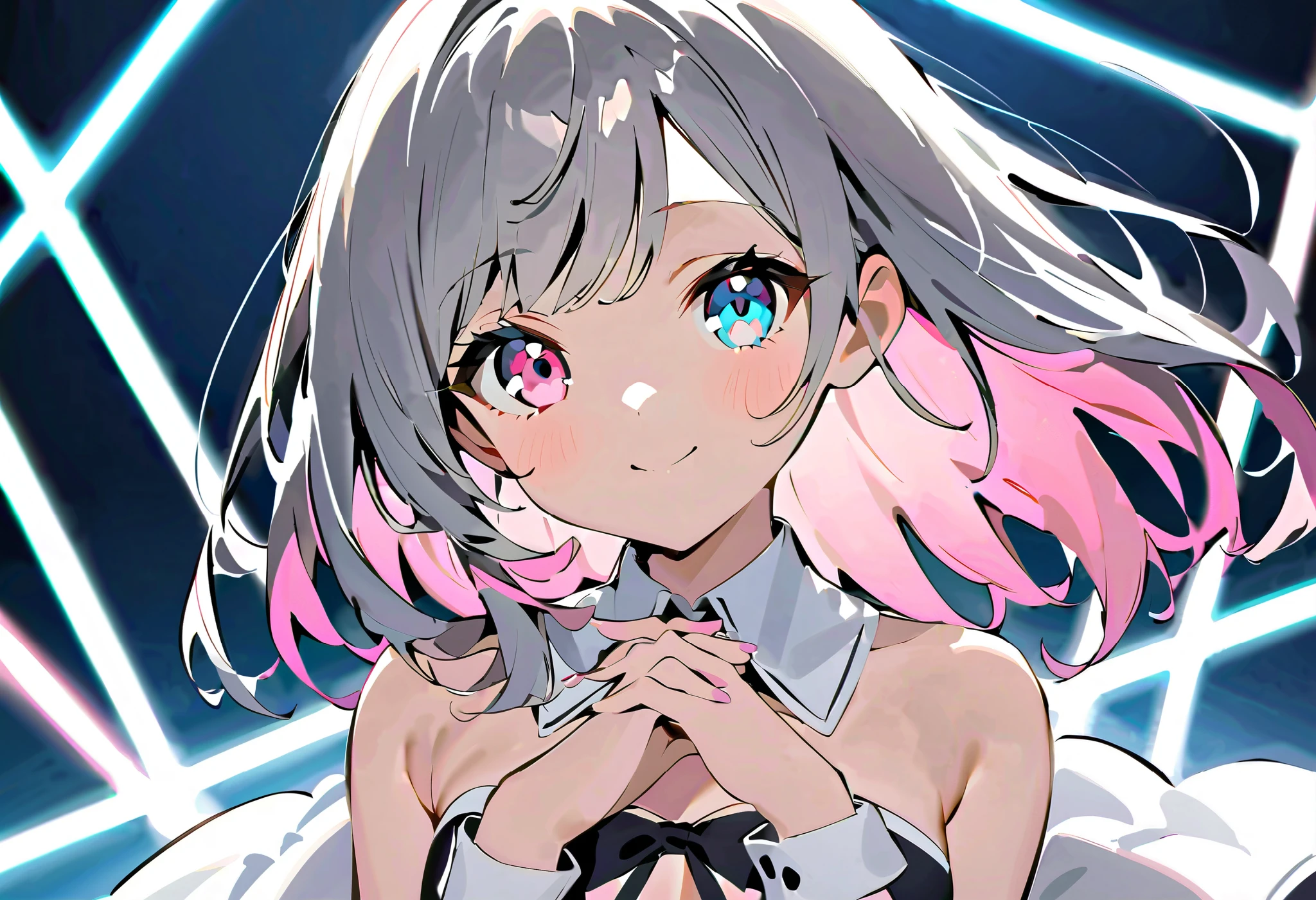 idol costume、 holding hands like a lion、 is a pose、Devilish Smile 、Devil Costume、asymmetry bangs, A flashy idol-like costume ,swept bangs、{{{masterpiece}}}, {{{ top quality}}}, {{ more details }}, {beautiful detailed eye}, 1 girl ,Alone, (( gray hair)),(bangs), , girl ,Midea,eye、Long gray hair、 pink hair 、Alone、 medium hair 、白い medium hair 、 long hair、 bob hair、 } white collar {x} 肩くらいまで伸びる gray hair 、 pink hair with pink tips 、 medium hair ー、 hair inner color is pink 、 hair down shoulders 、pretty girl 、Detailed eye、 Shirogane Noel、 hair down shoulders 、Alone、 1 girl 、E art style 、Alone、