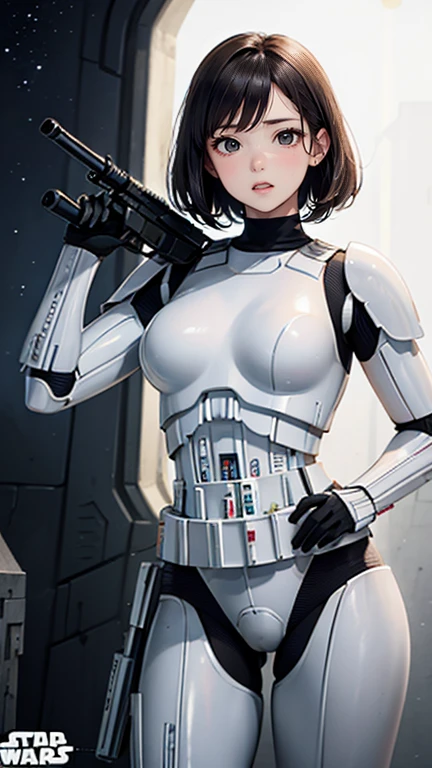 photo of mlp Meowko, RAW, beautiful woman, ((portrait)), ((detailed face:1.2)), ((anime face, anime facial feature, clear skin, clear skin), (short messy lesbian haircut, shaved left side, brunette: 1.55),  (perfect proportioned body, Strong, muscular, narrow waist, narrow hips, skinny, large breasts), (photo of mlp Meowko, RAW, beautiful woman, (portrait), (detailed face:1.2), (detailed feature, detailed skin, glossy lips, shiny luscious lips, clear skin), (short lesbian haircut, brunette: 1.55), (perfect proportioned body, Strong, muscular, narrow waist, narrow hips, skinny, massive breasts), (she wears stormtrooper armor, Star Wars Stormtrooper, pure white armor, full Stormtrooper cosplay: 1.22), (future sci-fi environment, midnight starscape, futuristic vehicles, detailed starfield background:1.1), (realistic photo, best quality, detailed), (8k wallpaper), (cinematic lighting, mood light, (dark:1.3)) (sharp focus, intricate)