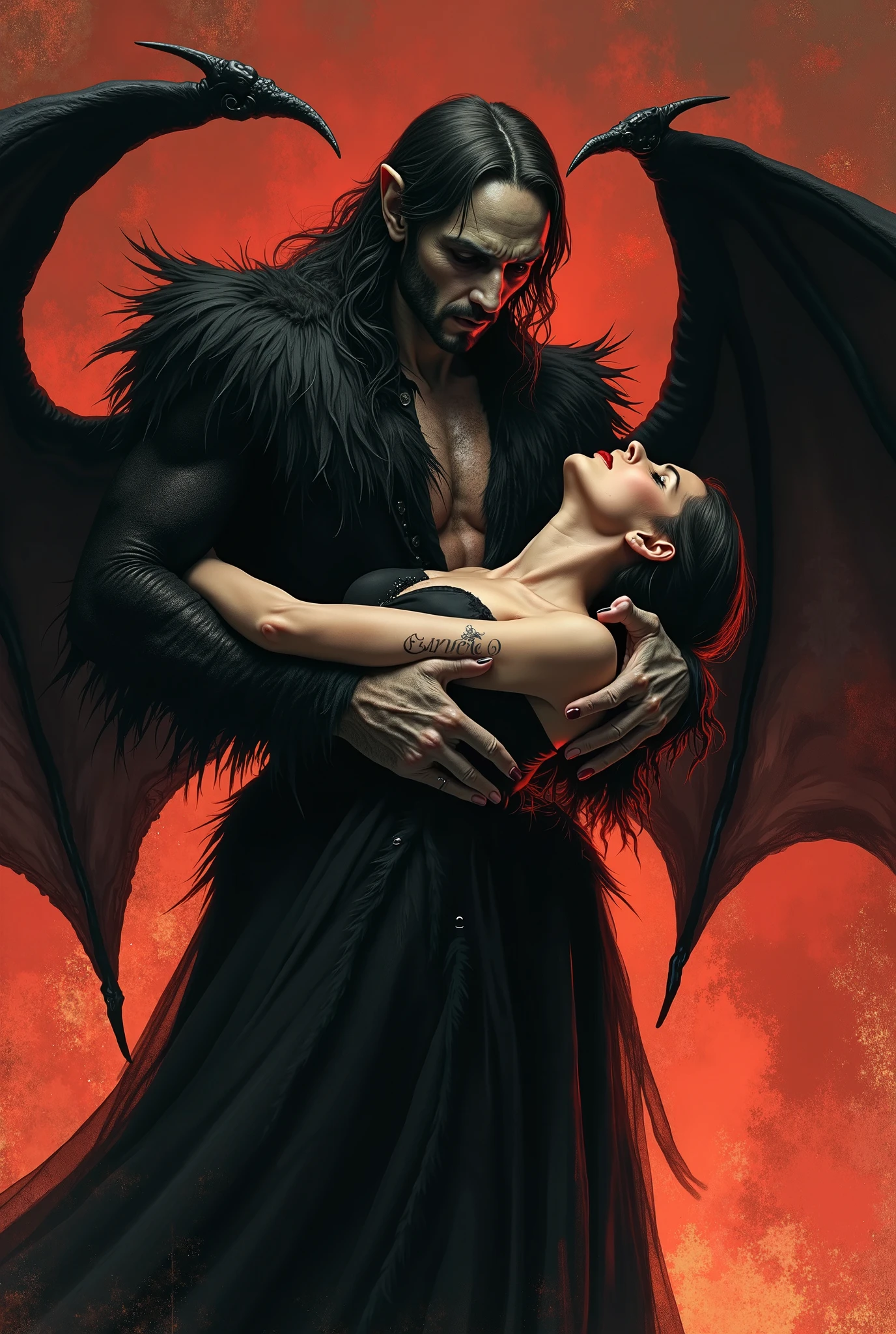 (masterpiece, top quality, best quality, official art, beautiful and aesthetic:1.2), extreme detailed, (fractal art), (black and white:1.5), (a vampire girl biting a neck of angel man in all black:1.5), (embracing), (tragic), large angel wings, dynamic angel, long hair flowing, occult, (oil painting), gloomy, holy, black background, side view