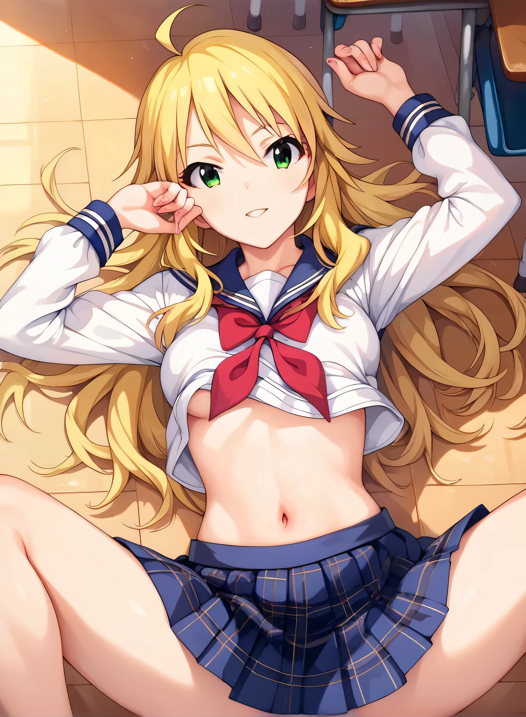 3DCG,  anatomically superior , Attractive Anime Girl , [  digital art ],  high resolution,  sexy pose,,  nasty poses,  The Greatest Masterpiece, Emphasize open legs ,  slender body,  slender body, The Idolmaster,Hoshii Miki,yellow hair and green eyes,Hairstyle: Long hair,very sexy school uniform,,School classroom,Lying on the floor,,