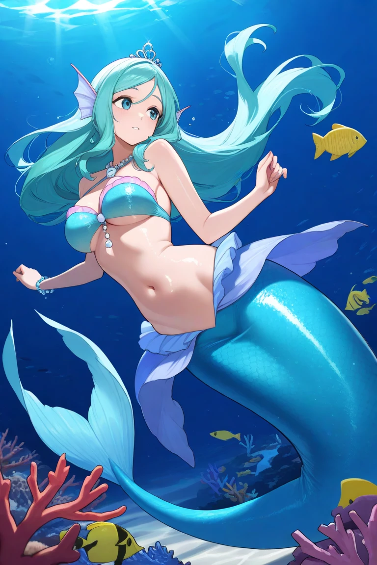 A cute mermaid with the upper body of a cat girl and the lower body of a dolphin