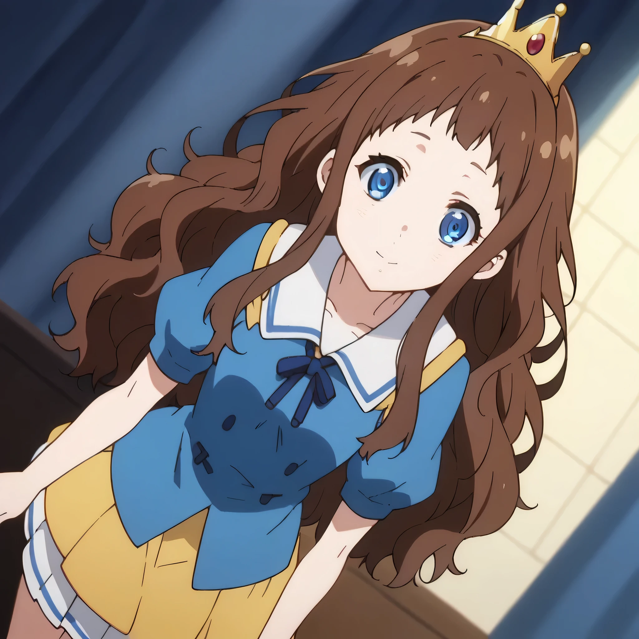 score_9, score_8_up, score_7_up, source_anime,
arche, ai shindou, long hair, blue eyes, brown hair, wavy hair,shiny crown,
skirt, princess dress, princess outfits, pleated skirt ,
indoors, bent over, smile,
looking at viewer, cowboy shot, dutch angle, solo, 