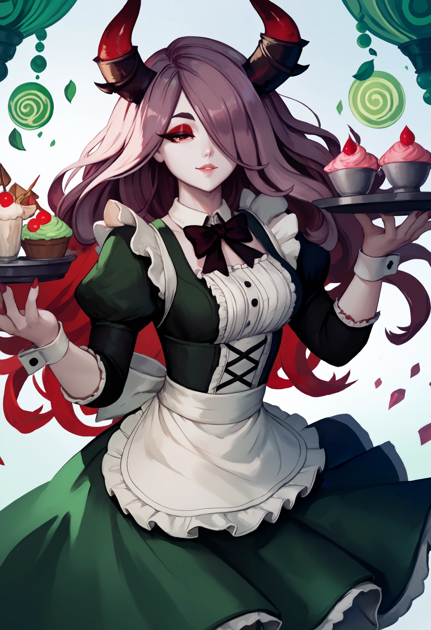 master masterpiece, 4k, highly detailed, red and fern green palette, sucy manbavaran, oni, dasiwaoni, horns, oni horns, red horn color, maid, solo female, dynamic pose, long hair, happy expresion, cute face, 1girl, solo, pale skin, french grey skin, long hair, red hair, hair over one eye, half-closed eyes, red eyes, red eyeshadow, makeup, green maid dress, green maid