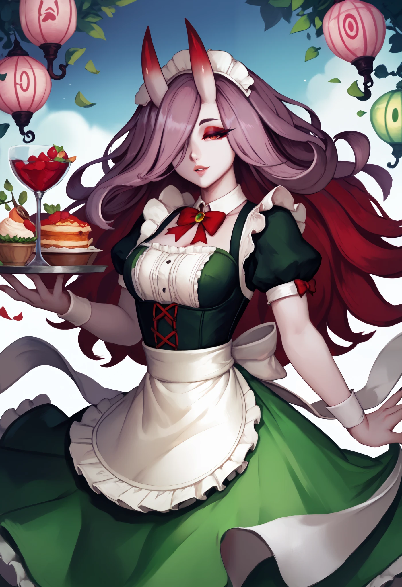 master masterpiece, 4k, highly detailed, red and fern green palette, sucy manbavaran, oni, dasiwaoni, horns, oni horns, red horn color, maid, solo female, dynamic pose, long hair, happy expresion, cute face, 1girl, solo, pale skin, french grey skin, long hair, red hair, hair over one eye, half-closed eyes, red eyes, red eyeshadow, makeup, green maid dress, green maid