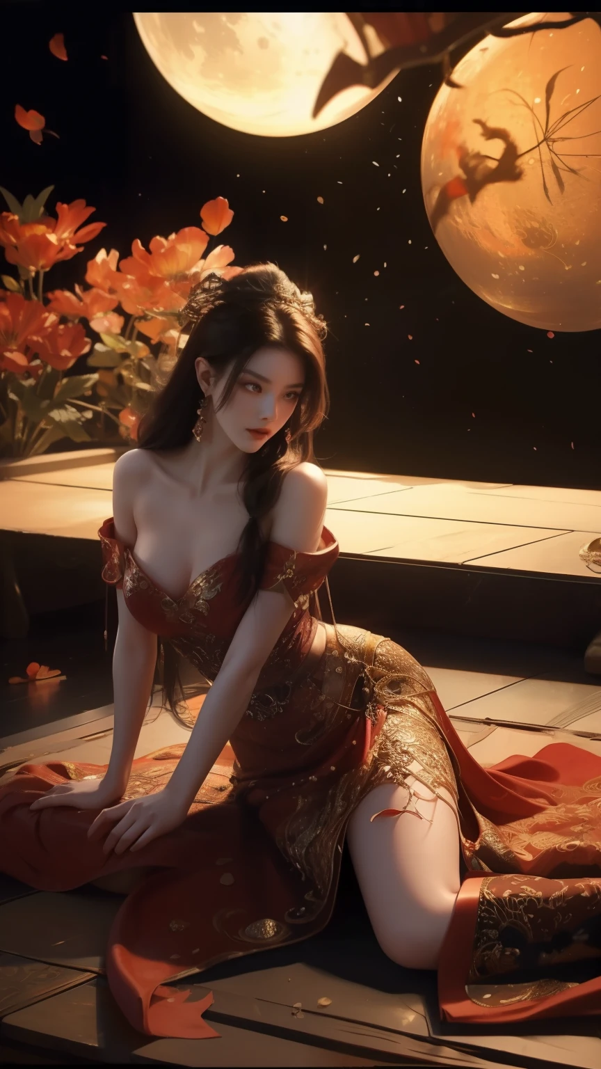 A beautiful woman with perfect curves wearing a long red dress that gently flutters in the air,The beautiful woman was lie down in a sea of beautiful flowers surrounding her, Chinese traditional, her flexible body increasing with every movement, So enchanting, the dim candlelight, the glowing butterflies fighting the darkness of the night, the light of the moon, The night wind blowing the curtains, the red flower petals , flower petals flying around the room, Chinese dancing, This woman is so beautiful that she attracts everyone who watches her, ancient China, imperial empress 