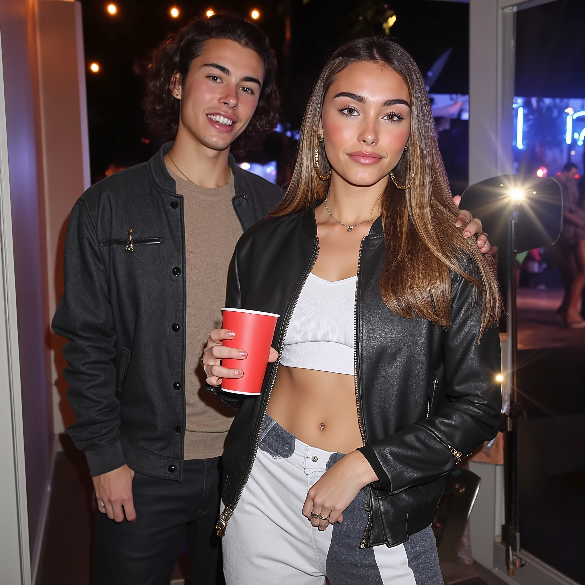 zoom out, full body image, ((beautiful couple eating together at a sports bar)), (Handsome 35 year old caucasian man with desirable features, medium length light brown hair, faded sides, clean shave face, intriguing green eyes, athletic physique, seductive smile with confident expression, BREAK, gray tee shirt, BREAK, blue jeans), BREAK, (sexy 25 year old caucasian female with alluring features, long purple dyed hair, BREAK, bright blue eyes, freckles, fair skin tone, sexy athletic body, big breasts, perfect body, alluring smile with gentle expression, BREAK, tight purple crop top, BREAK, white leggings), bright indoor lighting highlights their excellent features