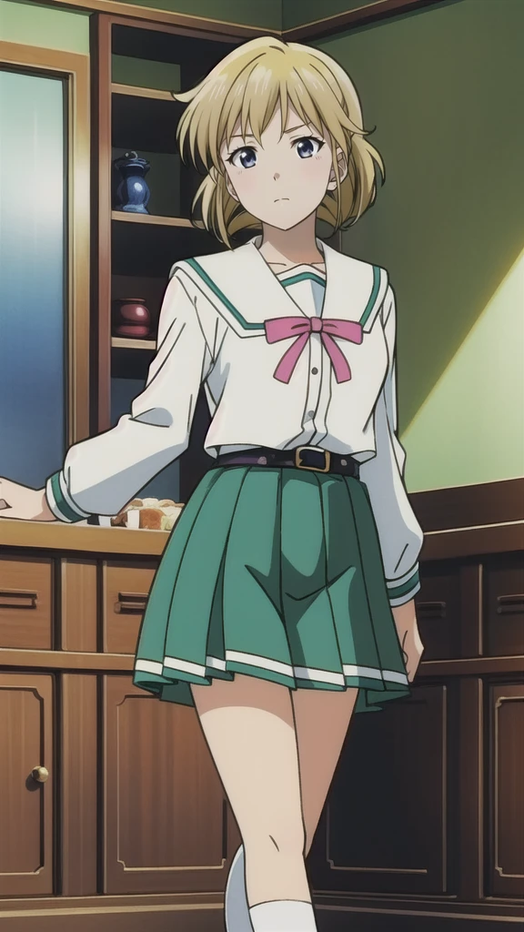 One girl,Kaoru、Gentle expression、smile、Welcome、uniform、skirt、classroom、skirt lift,panty shot,Sexy pose、Pastel colored string panties、A complete depiction of the human body、masterpiece, Highest quality, Game CG, ultra detailed、highres、extremely detailed CG 