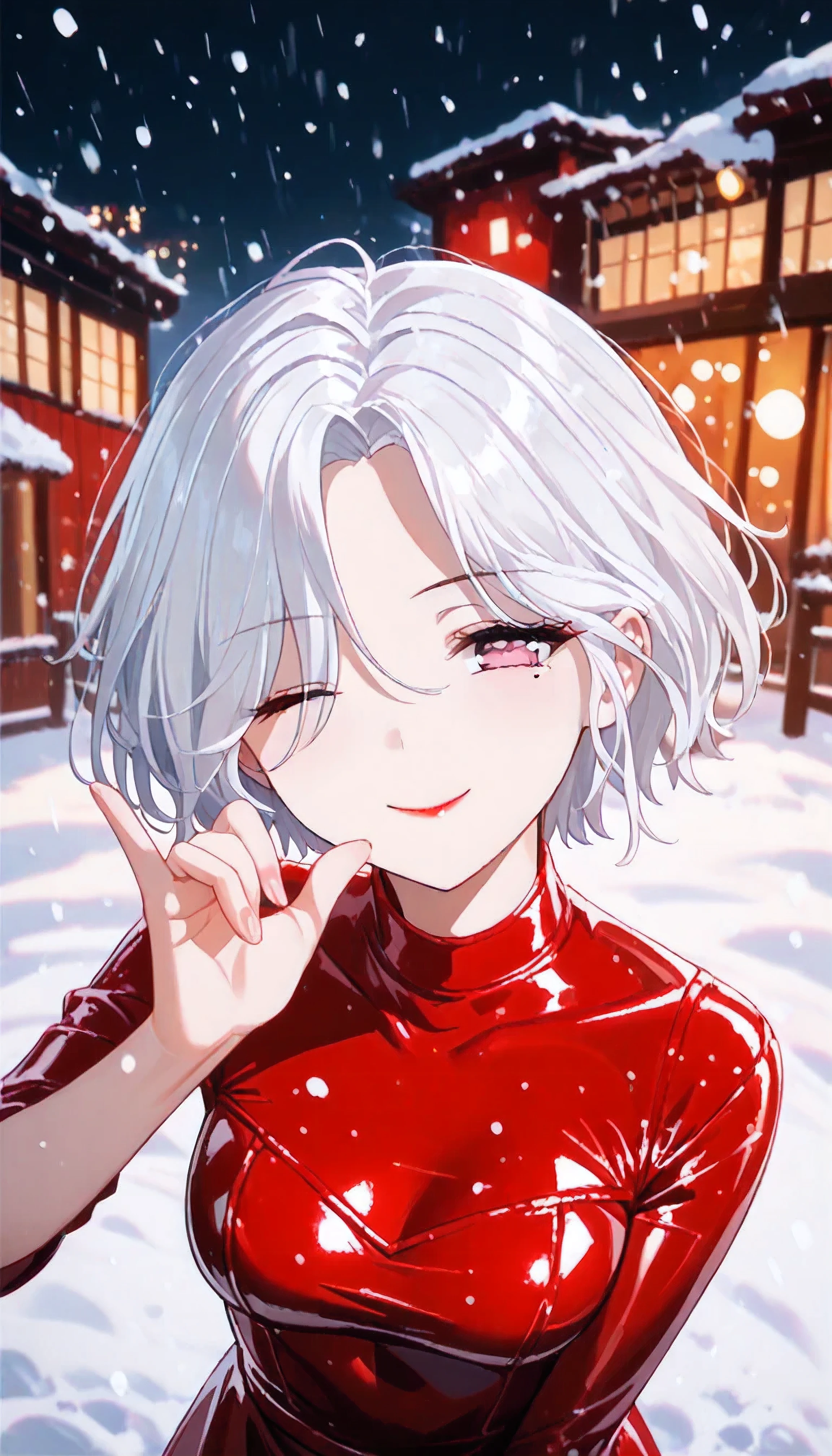 UN\(EOE\),one girl,solo,best quality, masterpiece, ,,break,1girl,(snowing,snow,winter,christmas themebokeh bakcground,from above,leaning_forward,),break, incredibly_absurdres, ,very high resolution, very aesthetic,by famous artist, 8k, 16k,,beauty illustration,photoshop_(small),,(pink eyes:1.2,one closed eye),(white hair|Detailed hair|short hair|shiny hair|curtained hair|sidelocks|hair covered ears),(red Women's latex Dress, Slim Fit,red sunglasses),POV,(sleepy, depressed,smile,jitome),dilated pupils, empty eyes,one mole under eye,tareme,hair strand, hair over one eye,evil smile, naughty face, red lips,(4-Finger Heart,)