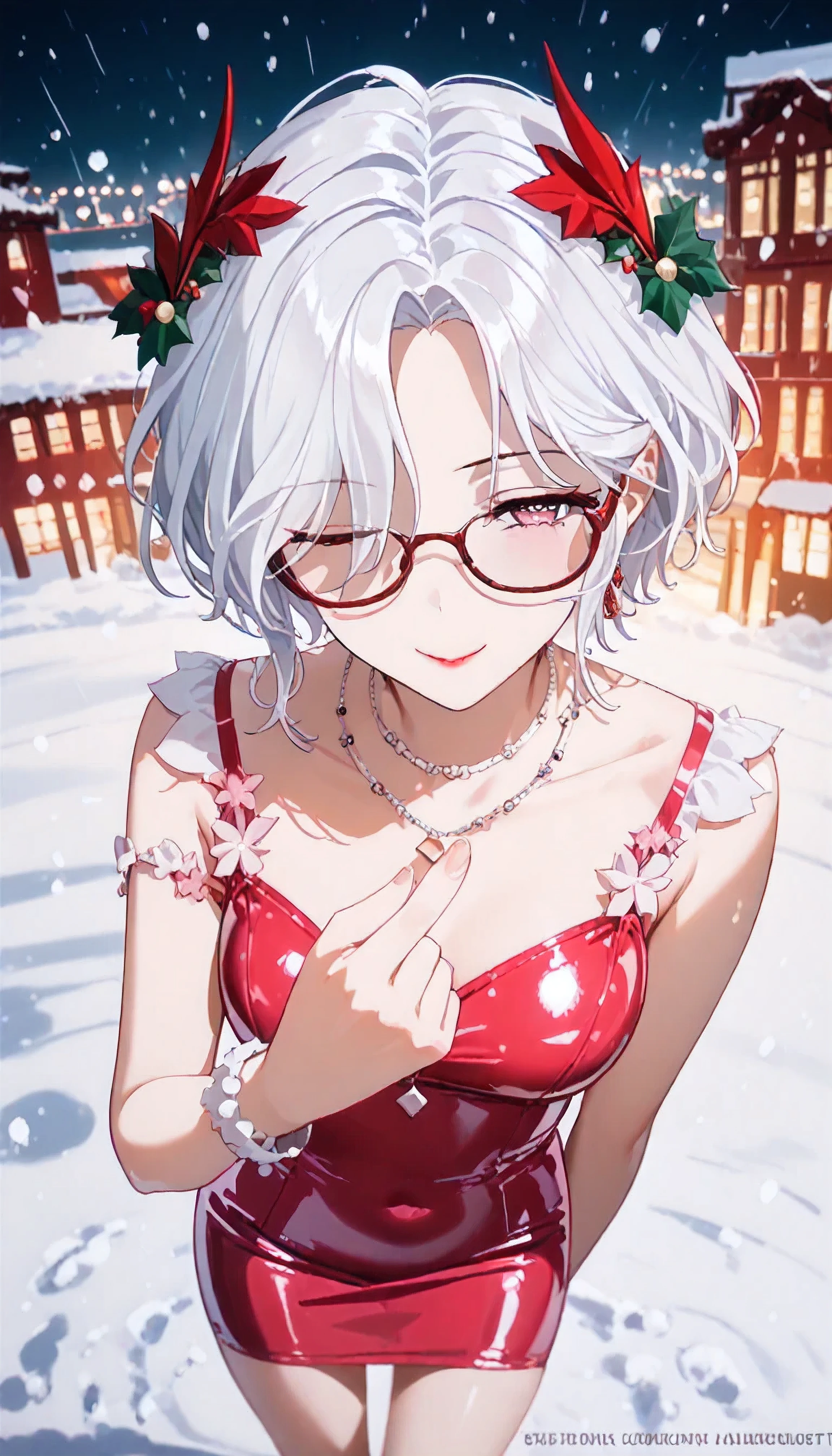 UN\(EOE\),one girl,solo,best quality, masterpiece, ,,break,1girl,(snowing,snow,winter,christmas themebokeh bakcground,from above,leaning_forward,),break, incredibly_absurdres, ,very high resolution, very aesthetic,by famous artist, 8k, 16k,,beauty illustration,photoshop_(small),,(pink eyes:1.2,one closed eye),(white hair|Detailed hair|short hair|shiny hair|curtained hair|sidelocks|hair covered ears),(pink Women's latex Dress, Slim Fit,red sunglasses),POV,(sleepy, depressed,smile,jitome),dilated pupils, empty eyes,one mole under eye,tareme,hair strand, hair over one eye,evil smile, naughty face, red lips,(4-Finger Heart,)