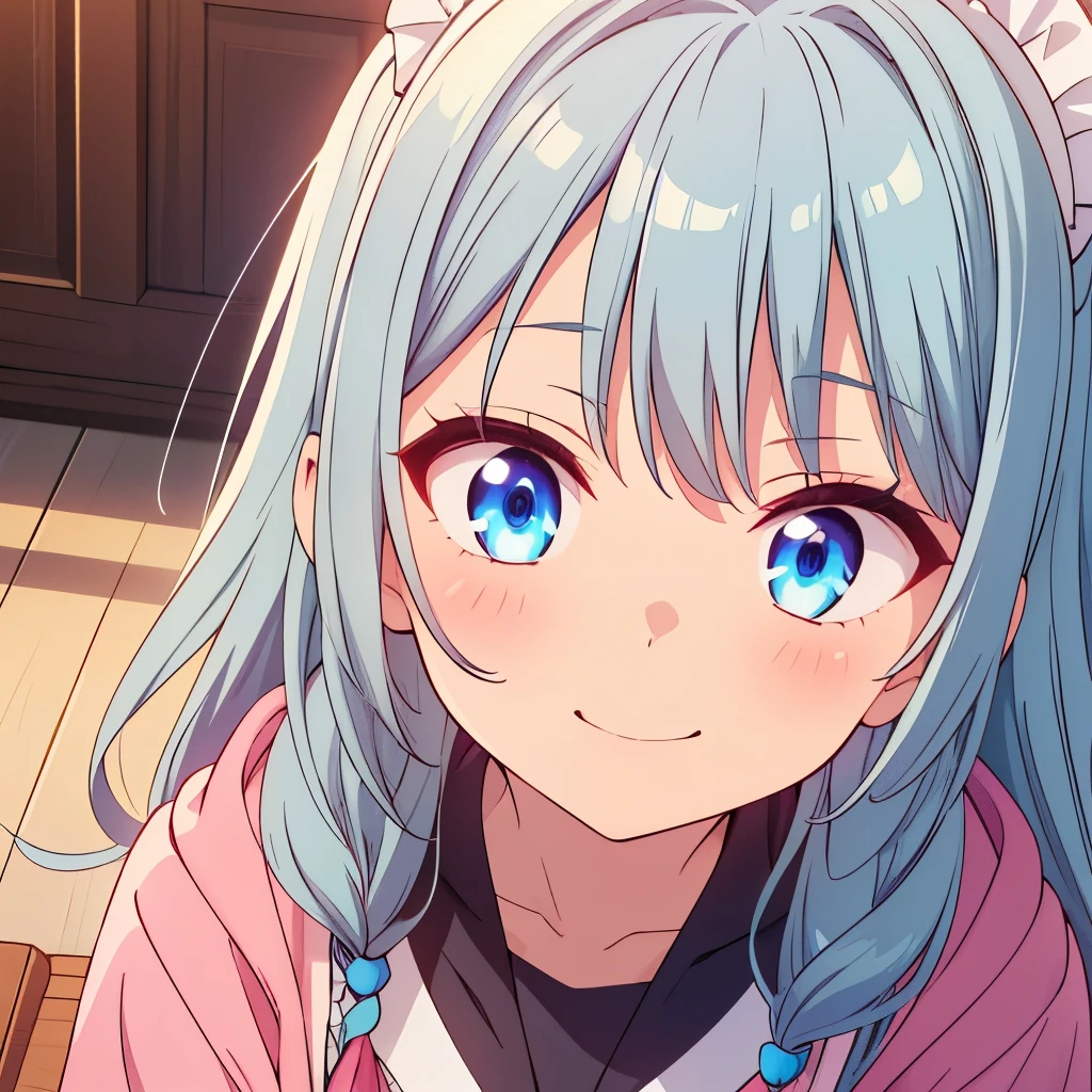 (( best quality )), ((masterpiece)), (  Details), smile, 1 girl, perfect eyes,Glowing Skin, Silver Hair, inner color blue,High Layer Cut, long hair,Intake, shorts, jacket, face up, face up, face upイラスト, no background ,Maid服,Maid,Moe Moe Ekyun,