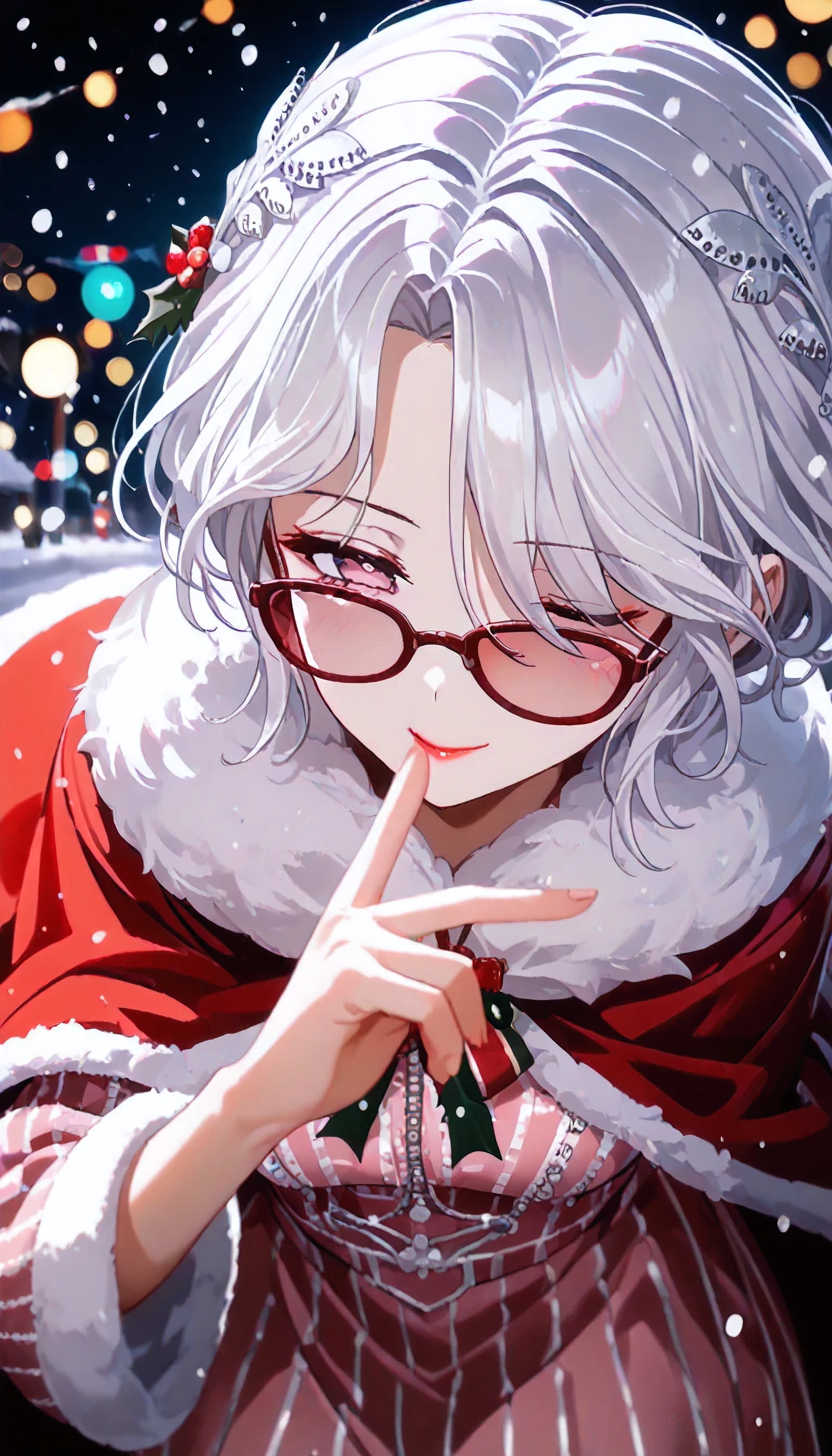 UN\(EOE\),one girl,solo,best quality, masterpiece, ,,break,1girl,(snowing,snow,winter,christmas themebokeh bakcground,from  above,leaning_forward,),break, incredibly_absurdres, ,very high resolution, very aesthetic,by famous artist, 8k, 16k,,beauty illustration,photoshop_(small),,(pink eyes:1.2,one closed eye),(white hair|Detailed hair|short hair|shiny hair|curtained hair|sidelocks|hair covered ears),(pink Women's velvet Dress,large cloak,red sunglasses),POV,(sleepy, depressed,smile,jitome),dilated pupils, empty eyes,one mole under eye,tareme,hair strand, hair over one eye,evil smile, naughty face, red lips,(4-Finger Heart,)